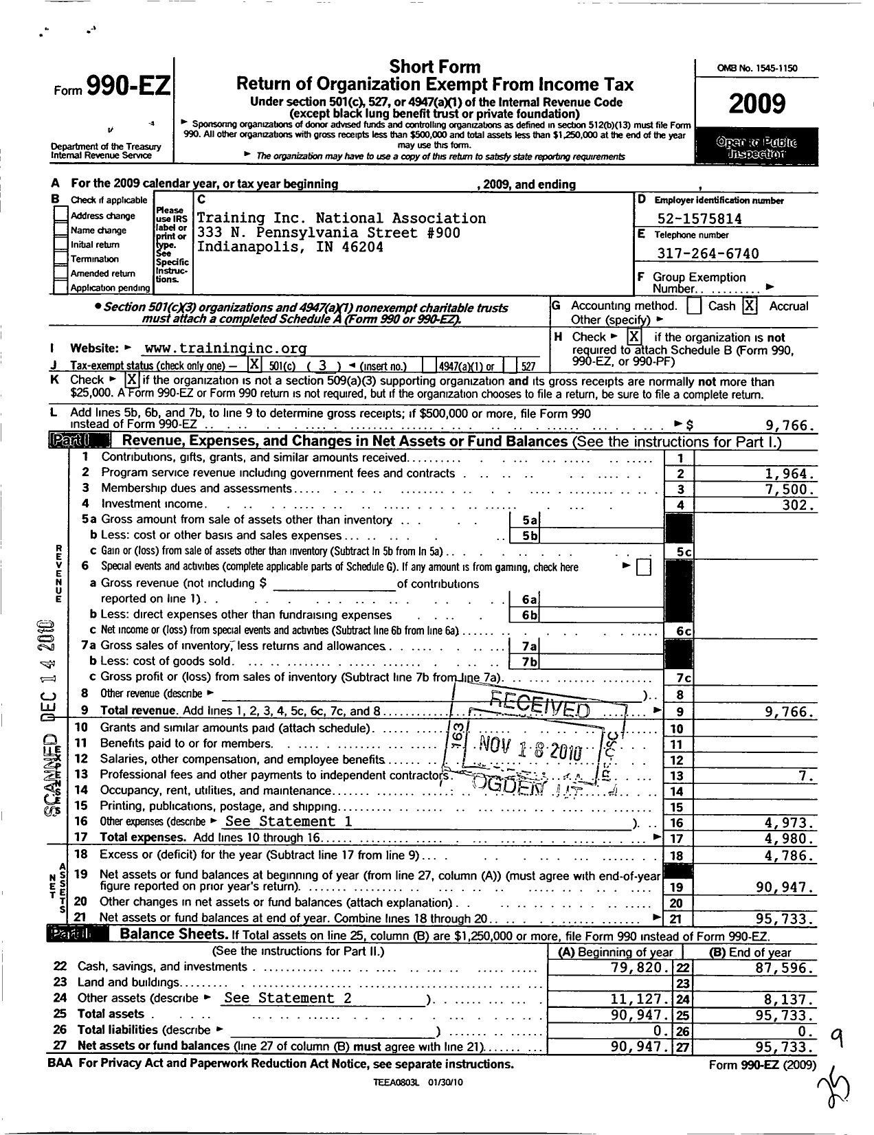 Image of first page of 2009 Form 990EZ for Training National Association