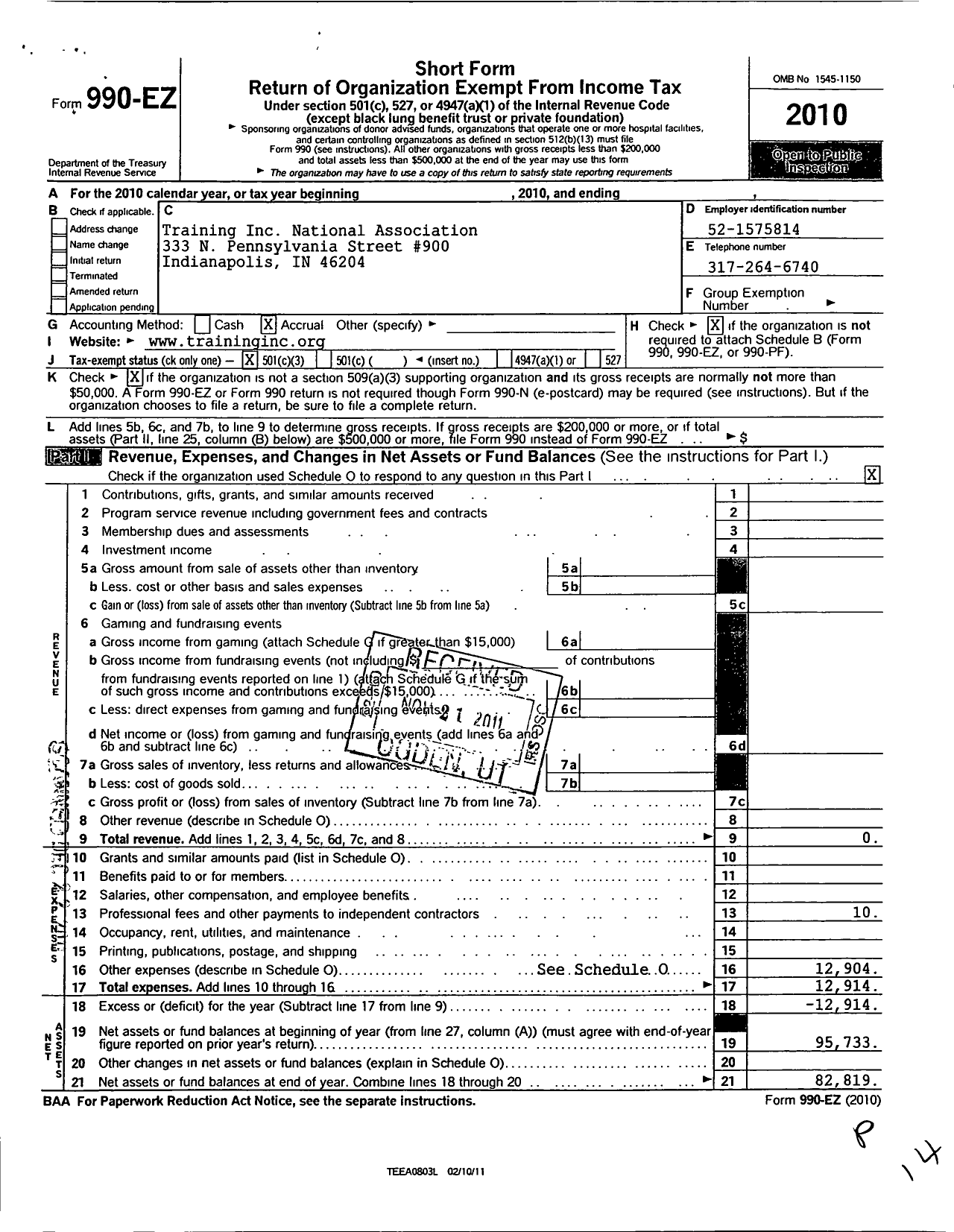 Image of first page of 2010 Form 990EZ for Training National Association