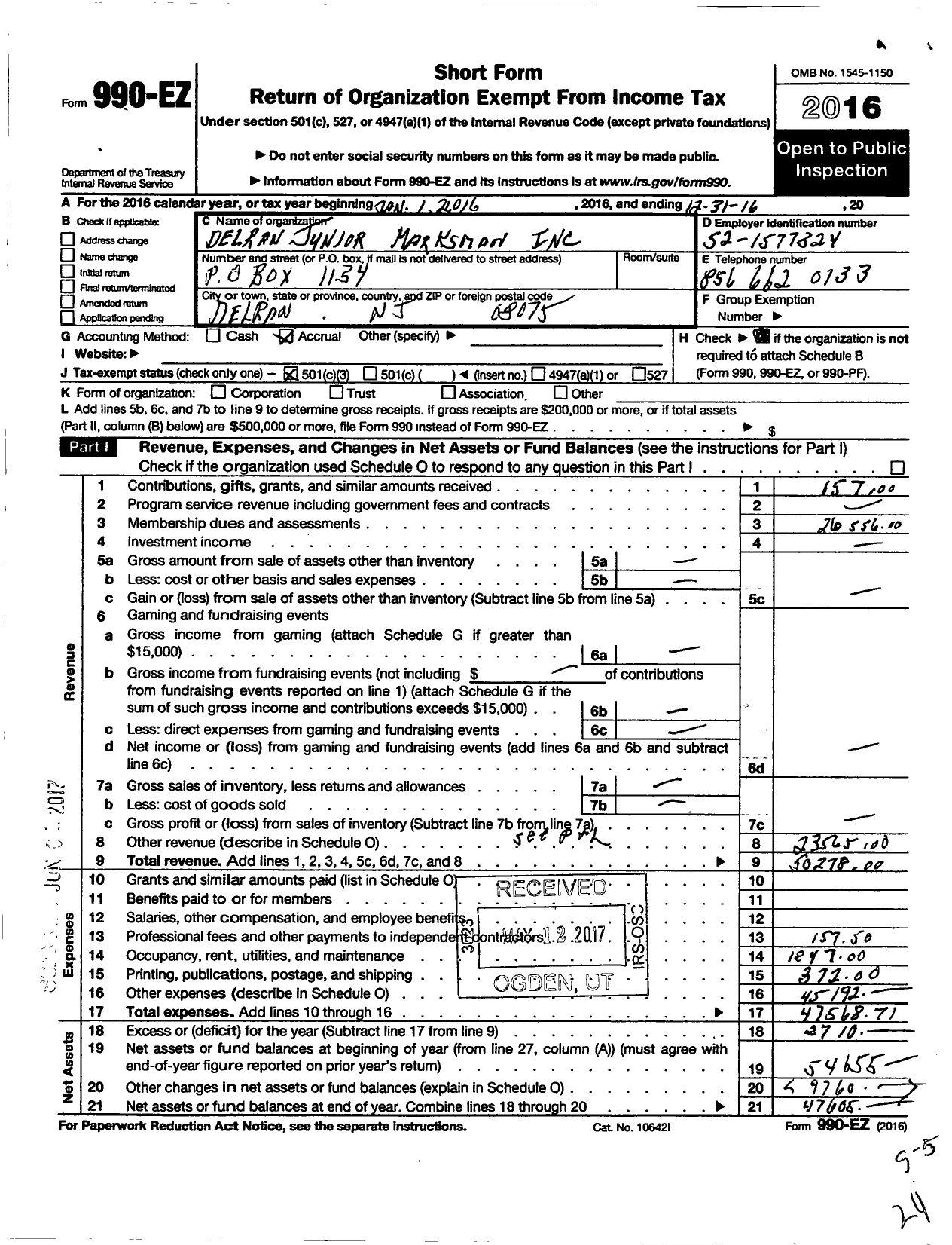 Image of first page of 2016 Form 990EZ for DELRAN JunioR MARKSMAN