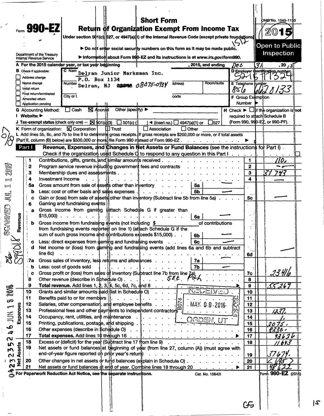 Image of first page of 2015 Form 990EZ for DELRAN JunioR MARKSMAN