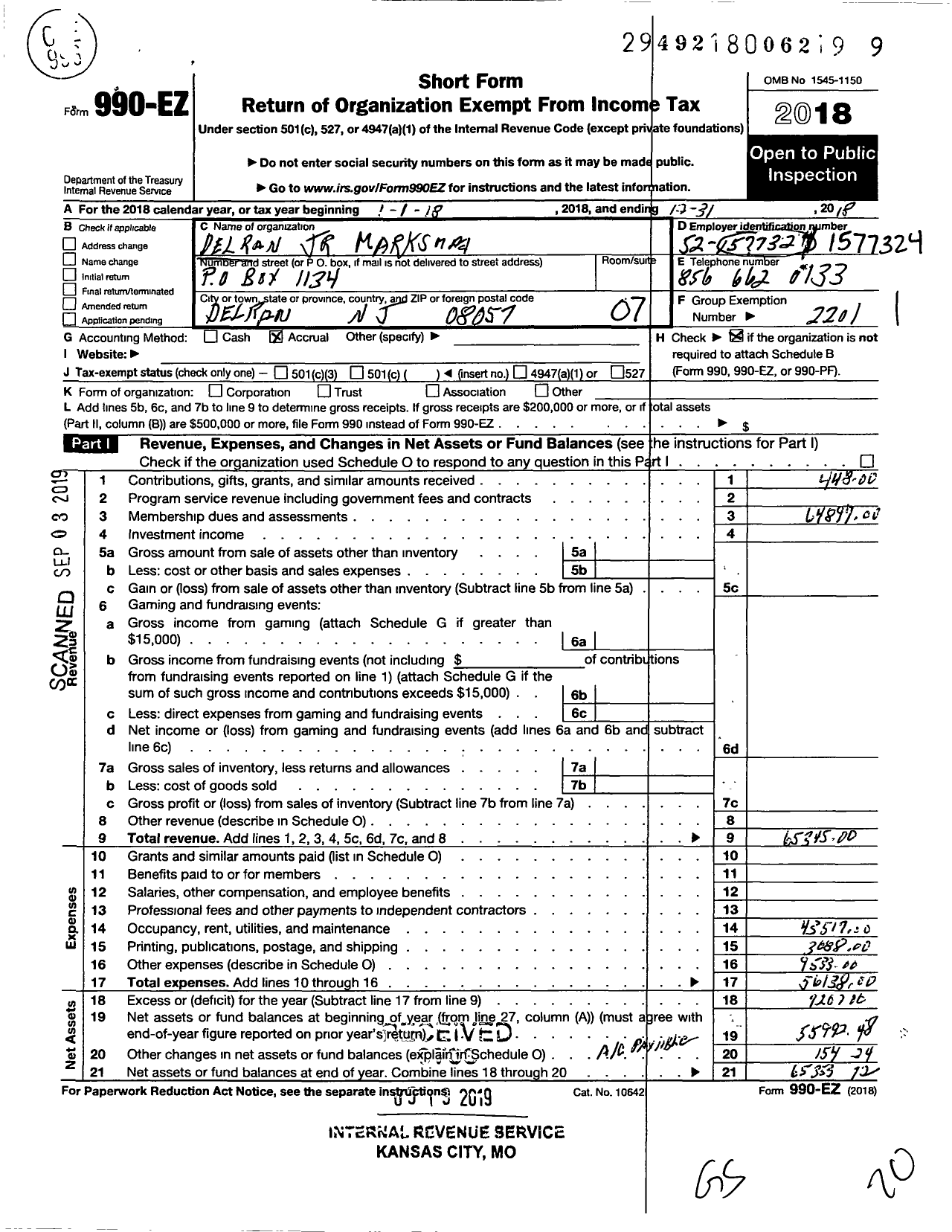 Image of first page of 2018 Form 990EO for DELRAN JunioR MARKSMAN