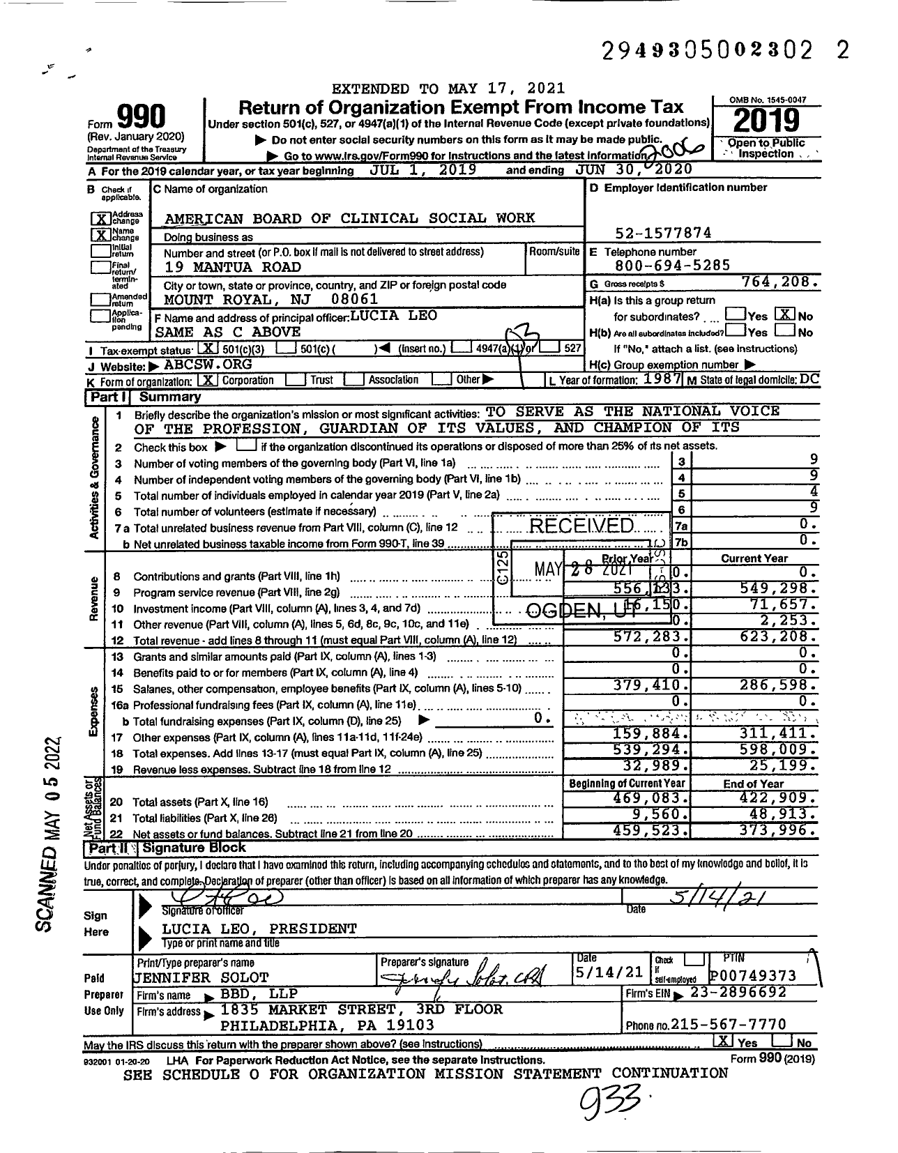 Image of first page of 2019 Form 990 for American Board of Clinical Social Work