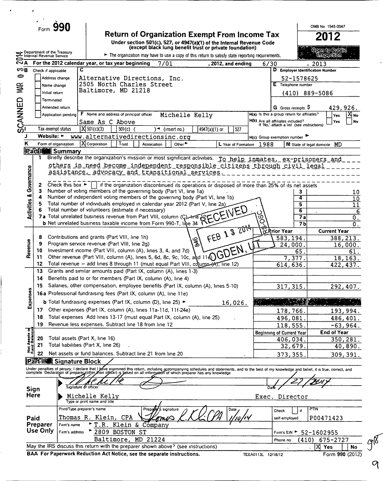 Image of first page of 2012 Form 990 for Alternative Directions