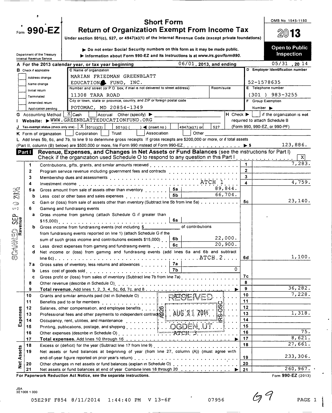 Image of first page of 2013 Form 990EZ for Marian Friedman Greenblatt Education Fund