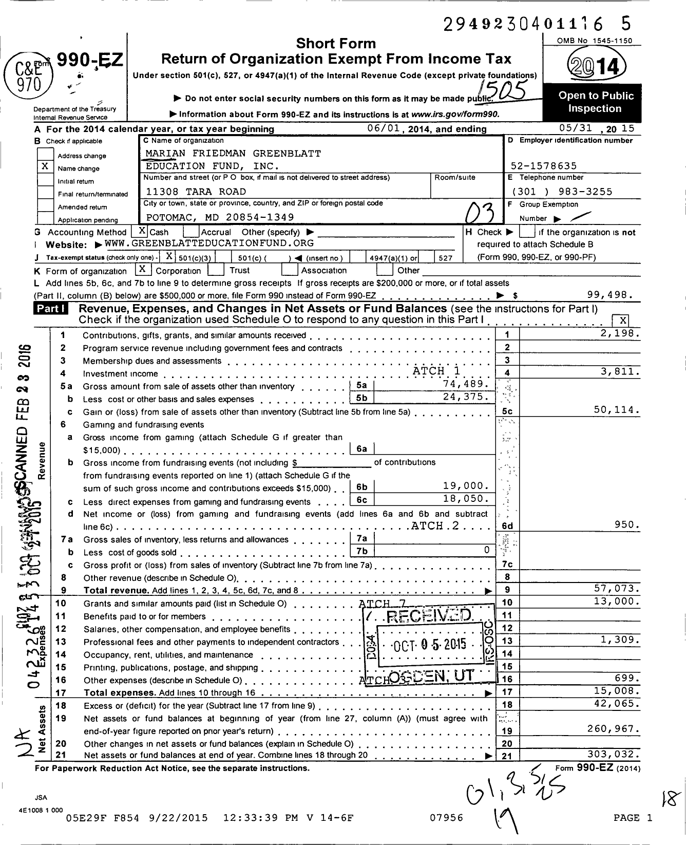 Image of first page of 2014 Form 990EZ for Marian Friedman Greenblatt Education Fund