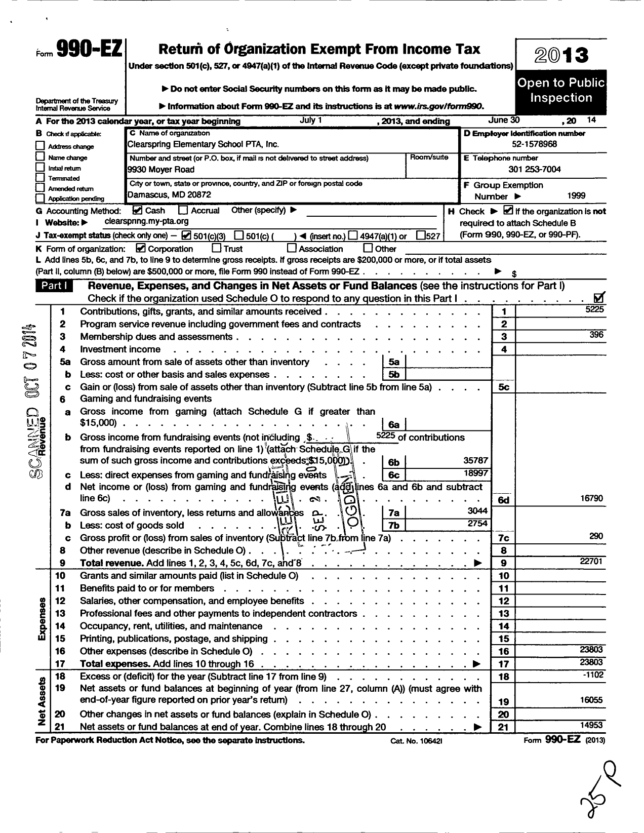 Image of first page of 2013 Form 990EZ for PTA Maryland Congress of Parents and Teachers / Clearspring Elementary School PTA