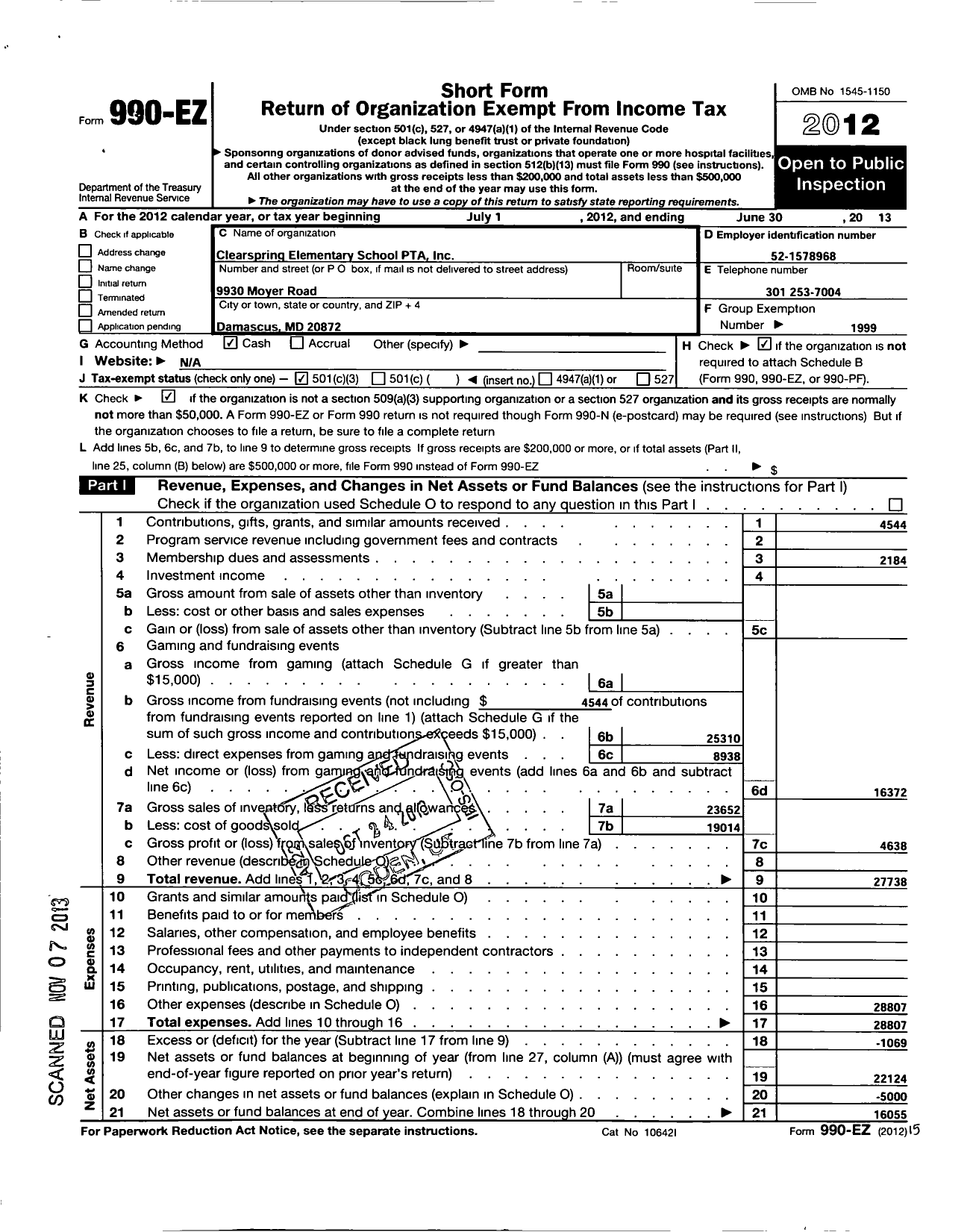 Image of first page of 2012 Form 990EZ for PTA Maryland Congress of Parents and Teachers / Clearspring Elementary School PTA