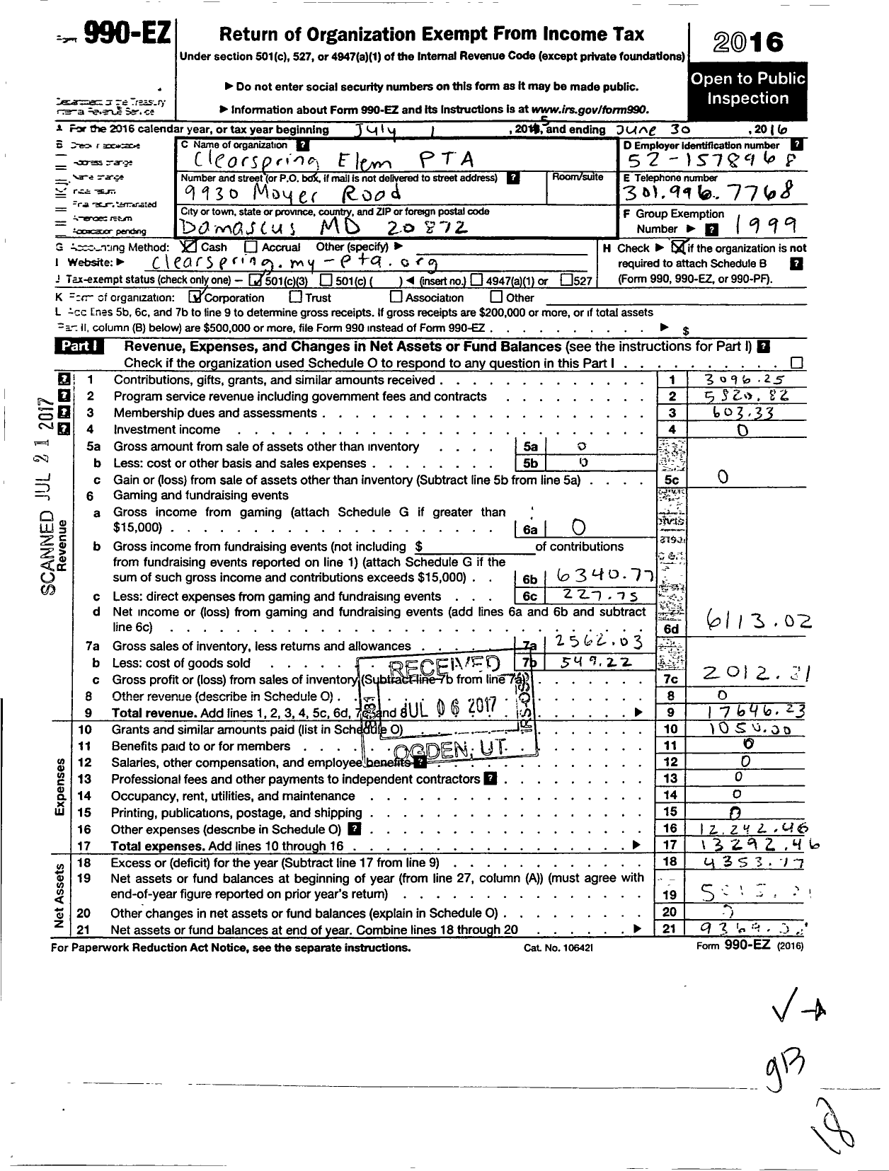 Image of first page of 2015 Form 990EZ for PTA Maryland Congress of Parents and Teachers / Clearspring Elementary School PTA