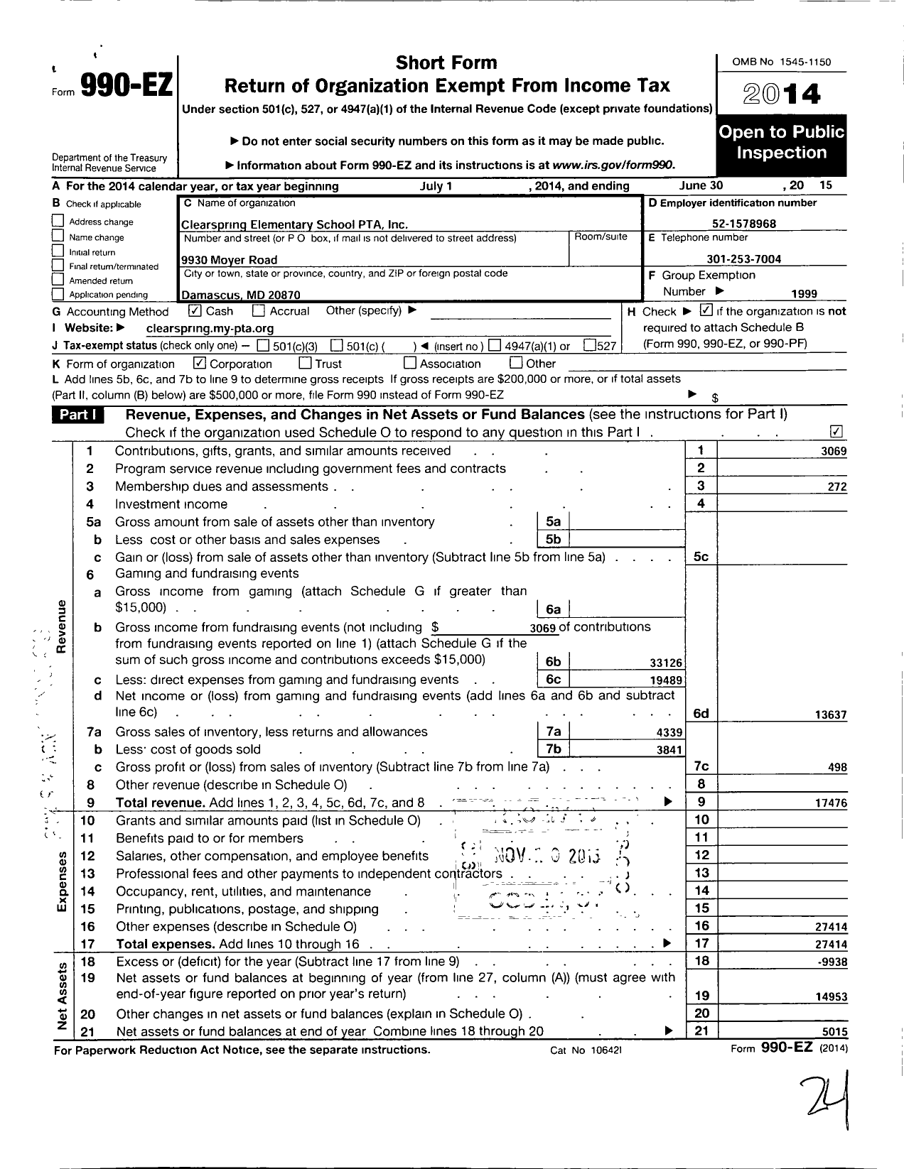 Image of first page of 2014 Form 990EO for PTA Maryland Congress of Parents and Teachers / Clearspring Elementary School PTA