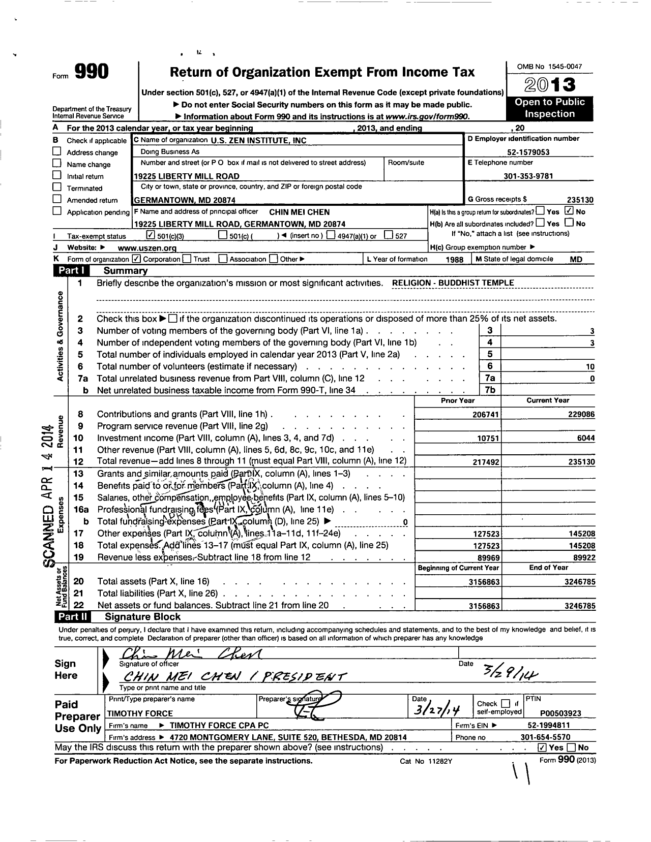 Image of first page of 2013 Form 990 for U S Zen Institute