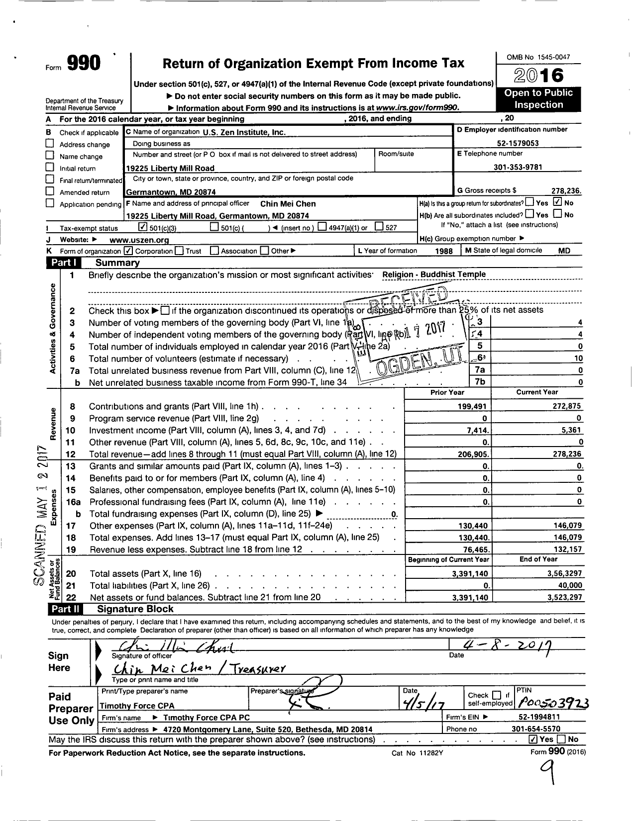 Image of first page of 2016 Form 990 for U S Zen Institute