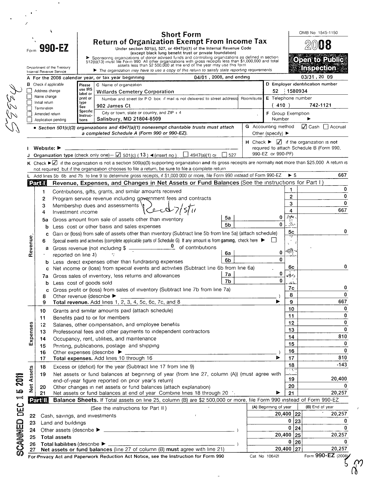 Image of first page of 2008 Form 990EO for Willards Cemetery Corporation