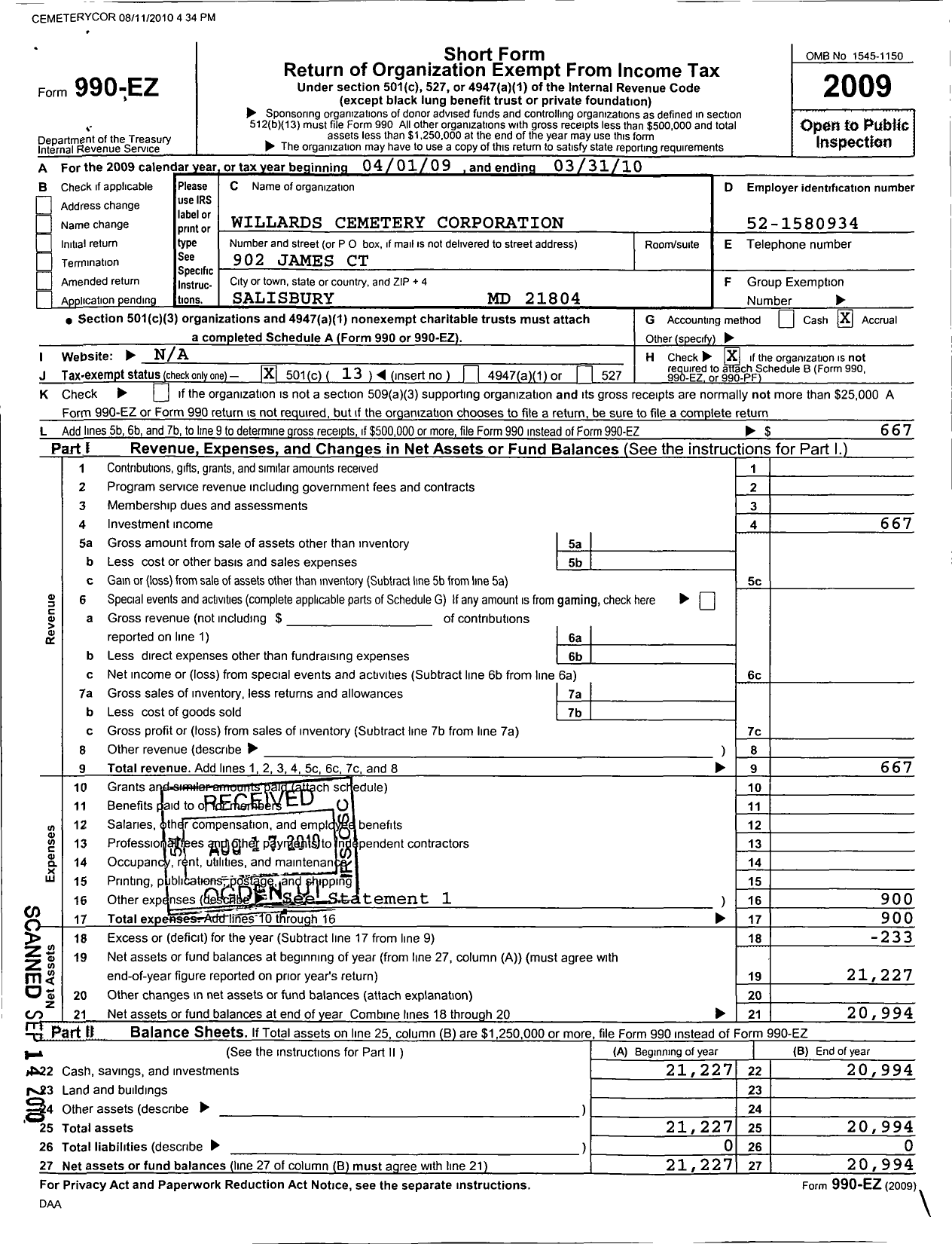 Image of first page of 2009 Form 990EO for Willards Cemetery Corporation