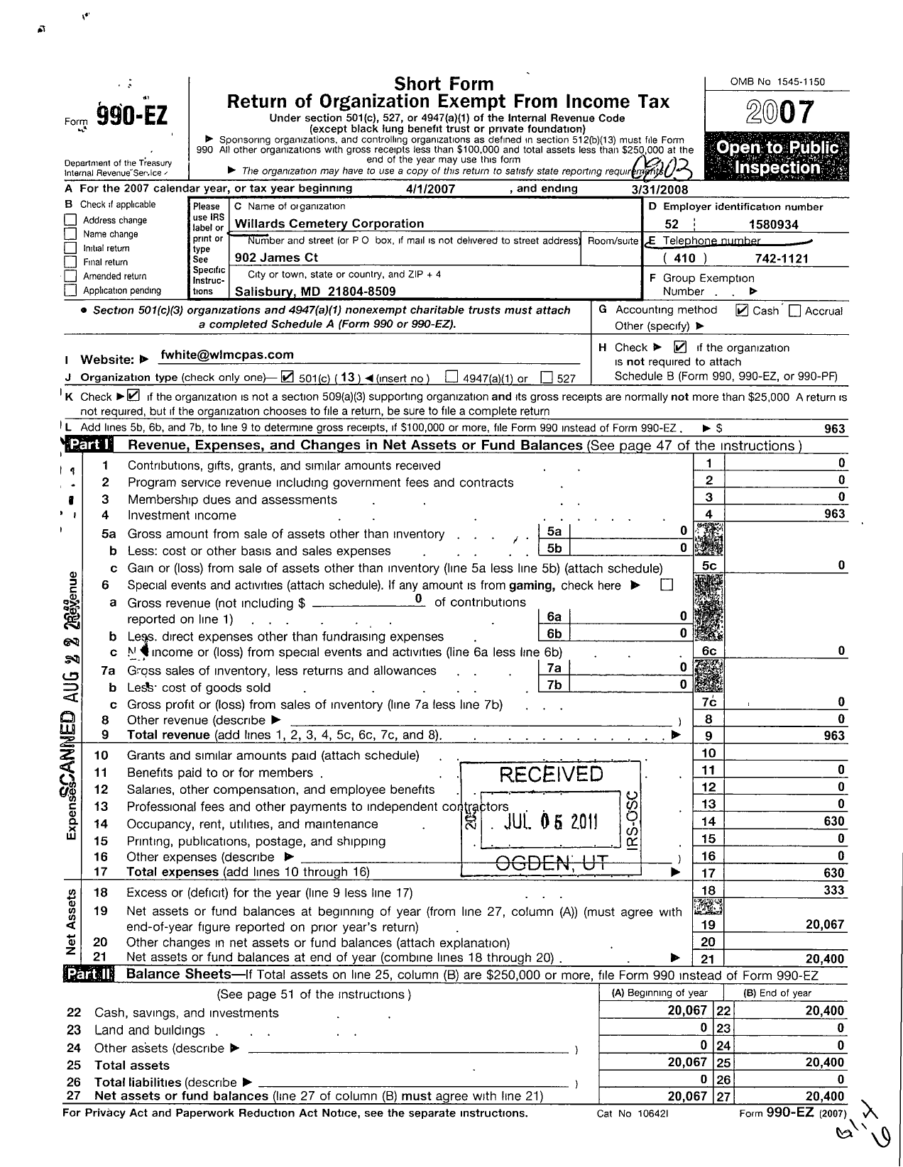 Image of first page of 2007 Form 990EO for Willards Cemetery Corporation