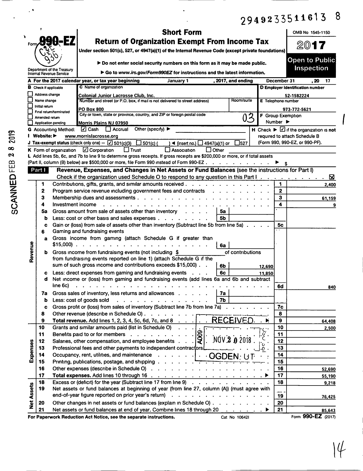 Image of first page of 2017 Form 990EZ for Morristown Colonial Junior Lacrosse Club