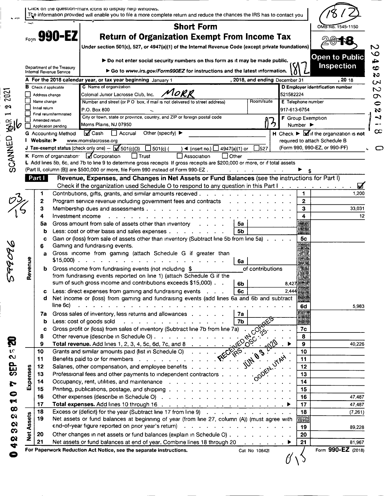 Image of first page of 2018 Form 990EZ for Morristown Colonial Junior Lacrosse Club