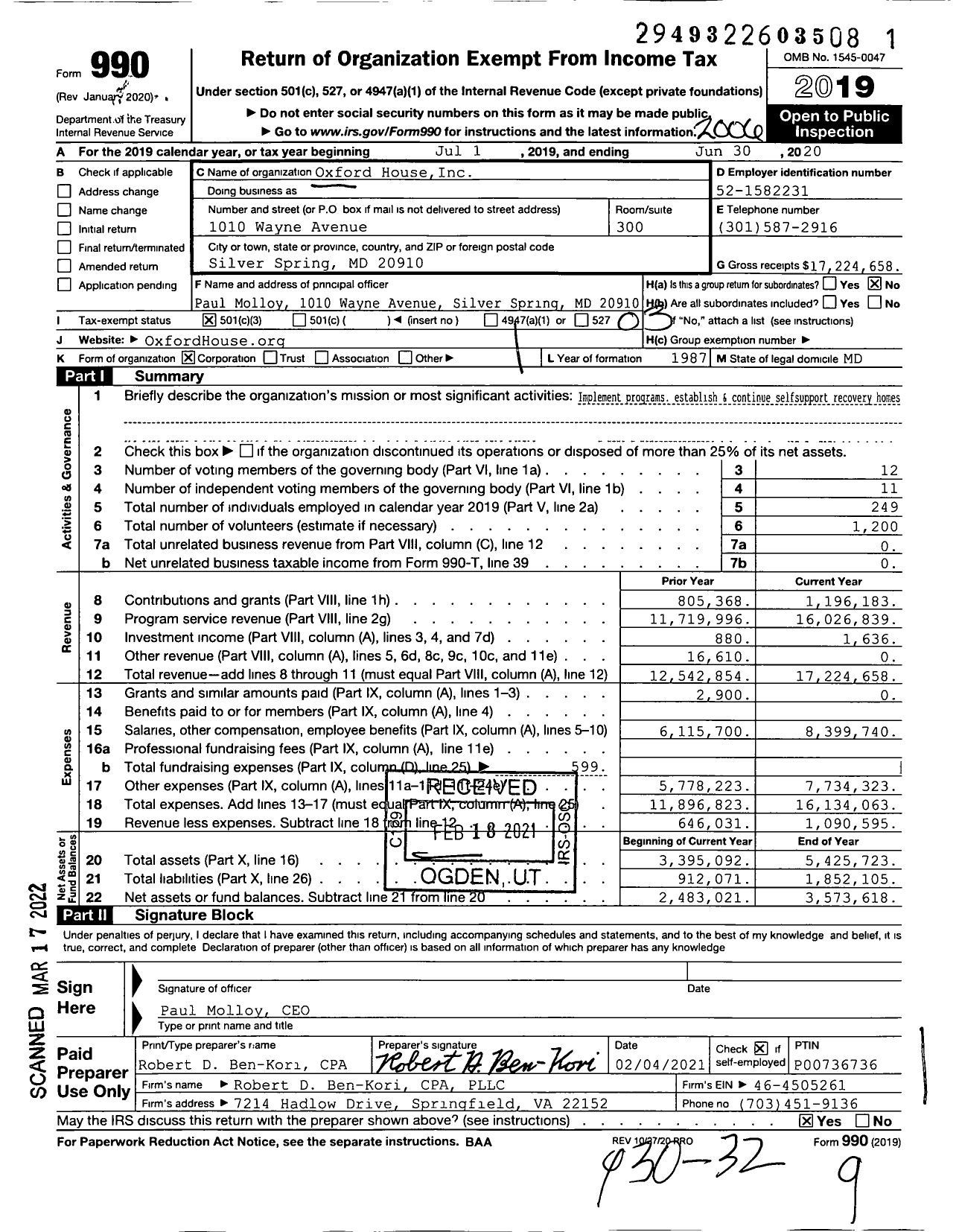 Image of first page of 2019 Form 990 for Oxford House