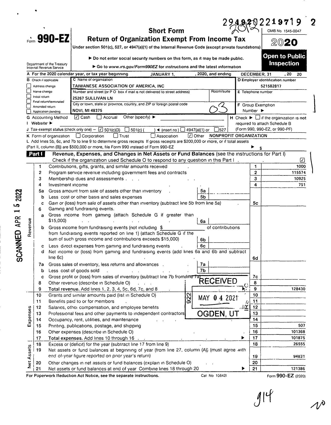 Image of first page of 2020 Form 990EZ for Taiwanese Association of America