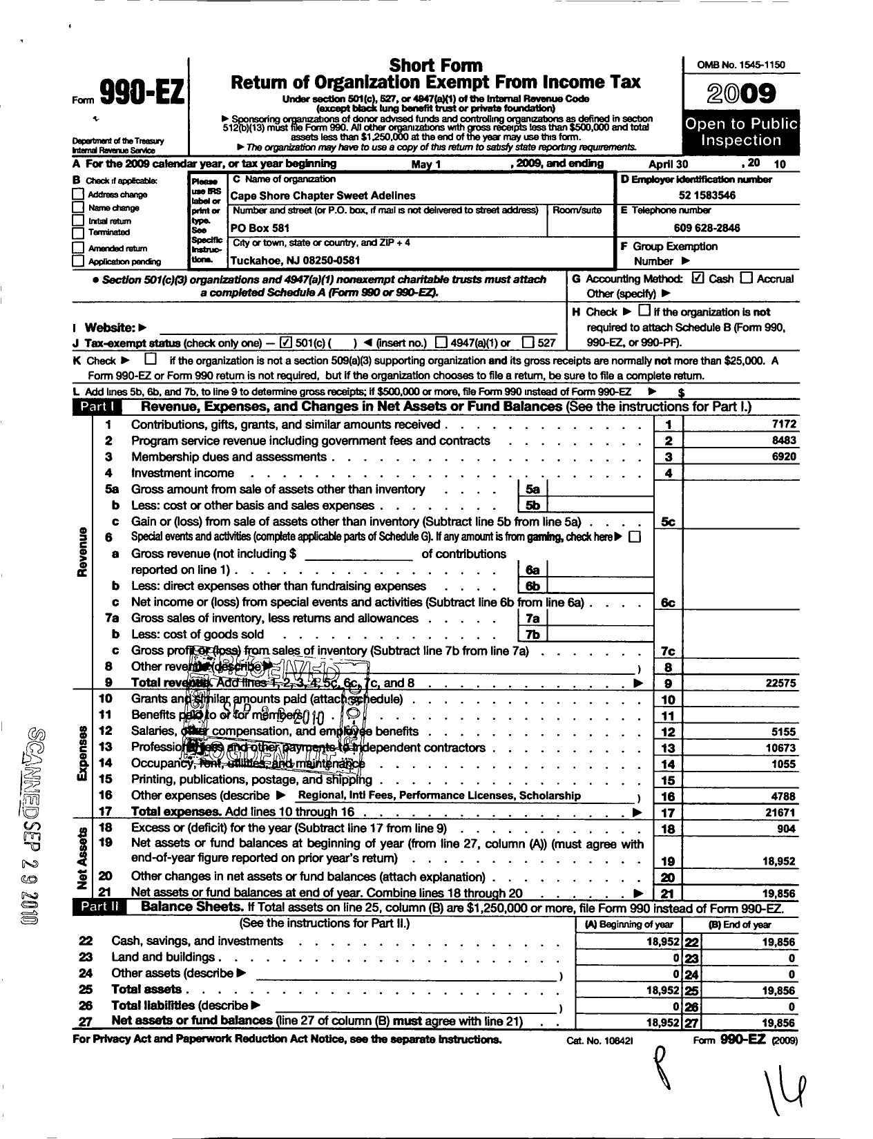 Image of first page of 2009 Form 990EO for Sweet Adelines International - Cape Shore