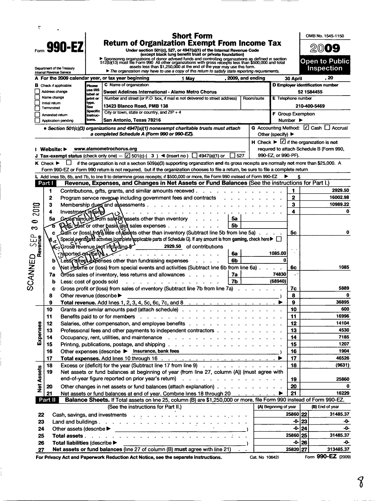 Image of first page of 2008 Form 990EZ for Sweet Adelines International - Alamo Metro Chorus