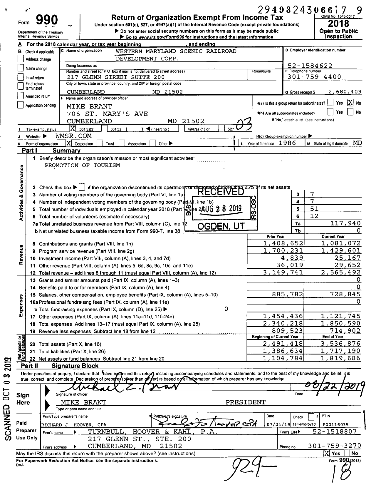Image of first page of 2018 Form 990 for Western Maryland Scenic Railroad Development Corporation