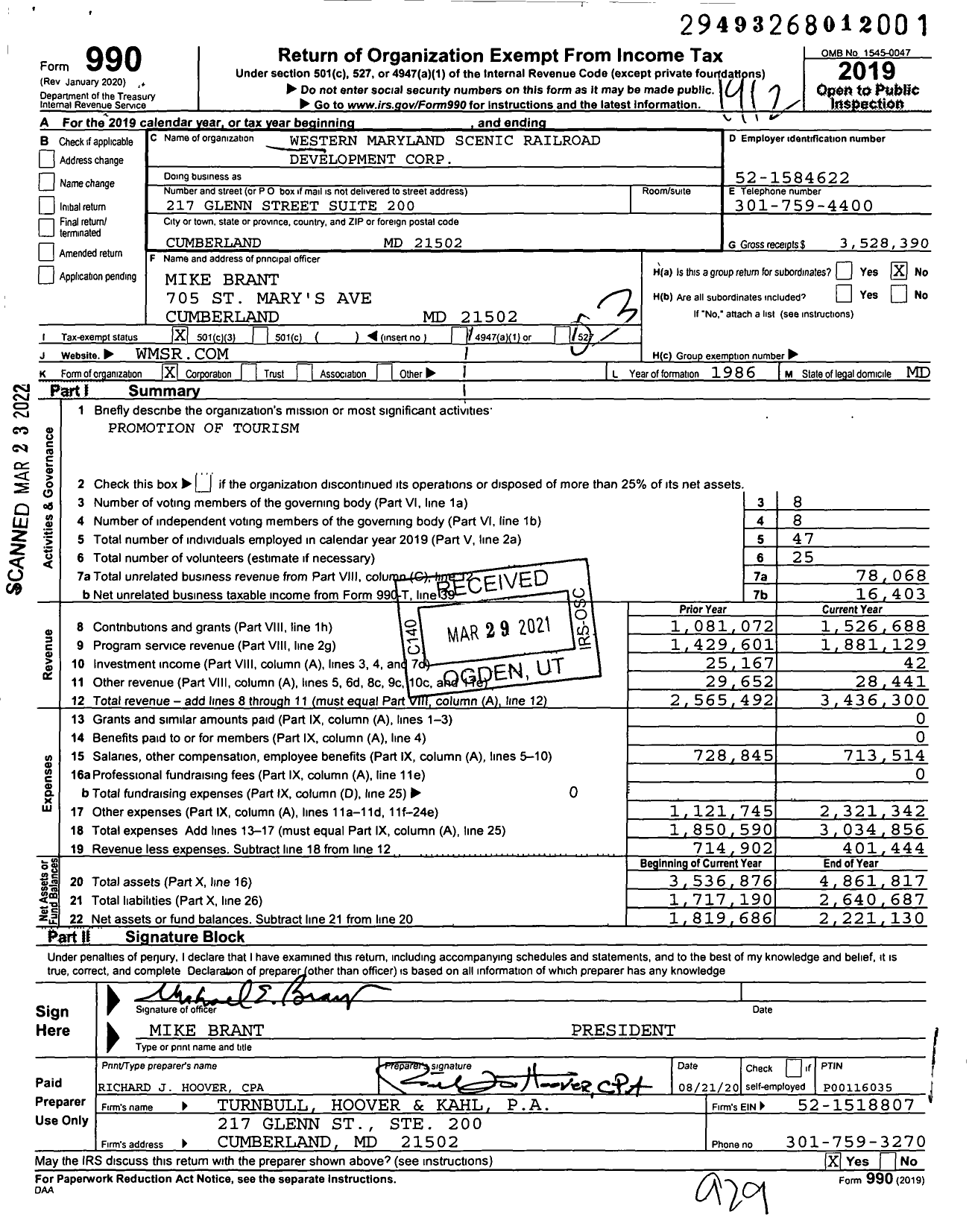 Image of first page of 2019 Form 990 for Western Maryland Scenic Railroad Development Corporation