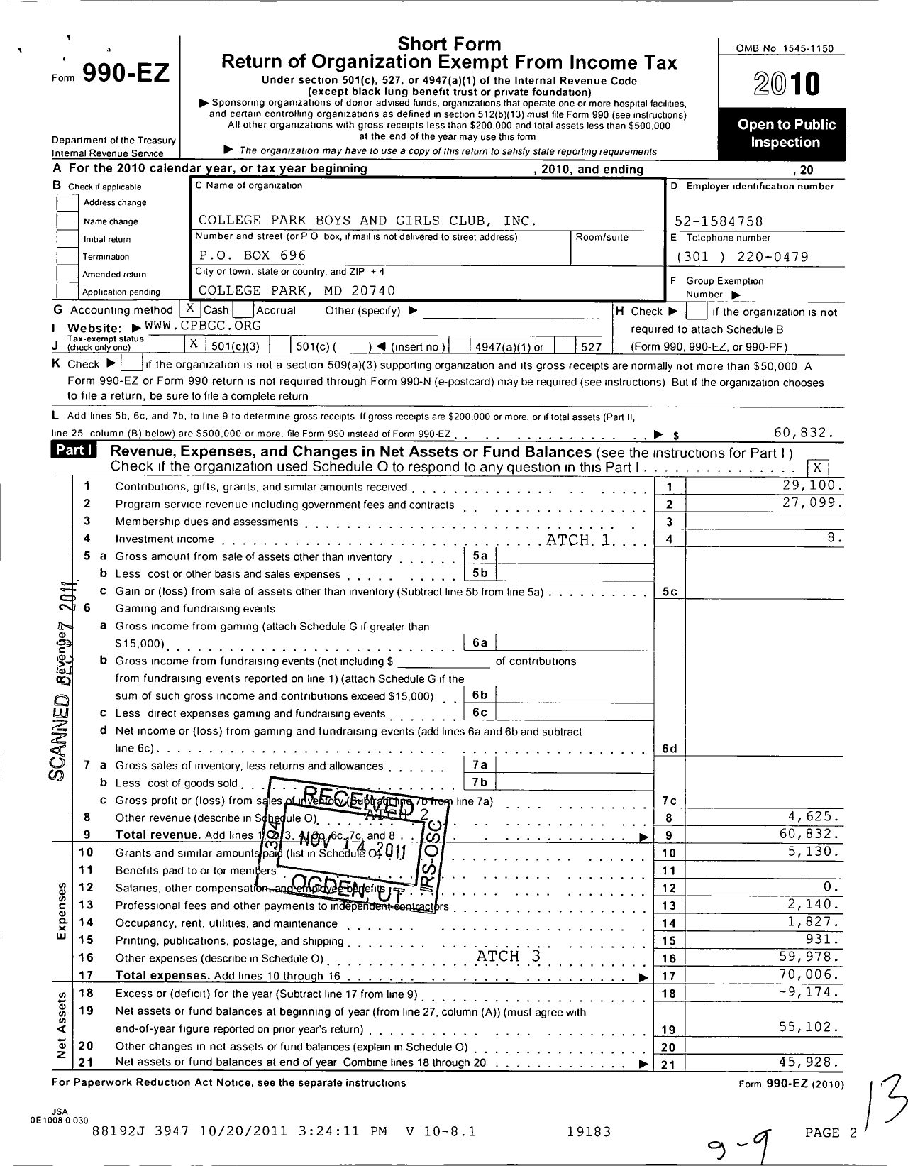 Image of first page of 2010 Form 990EZ for College Park Boys & Girls Club