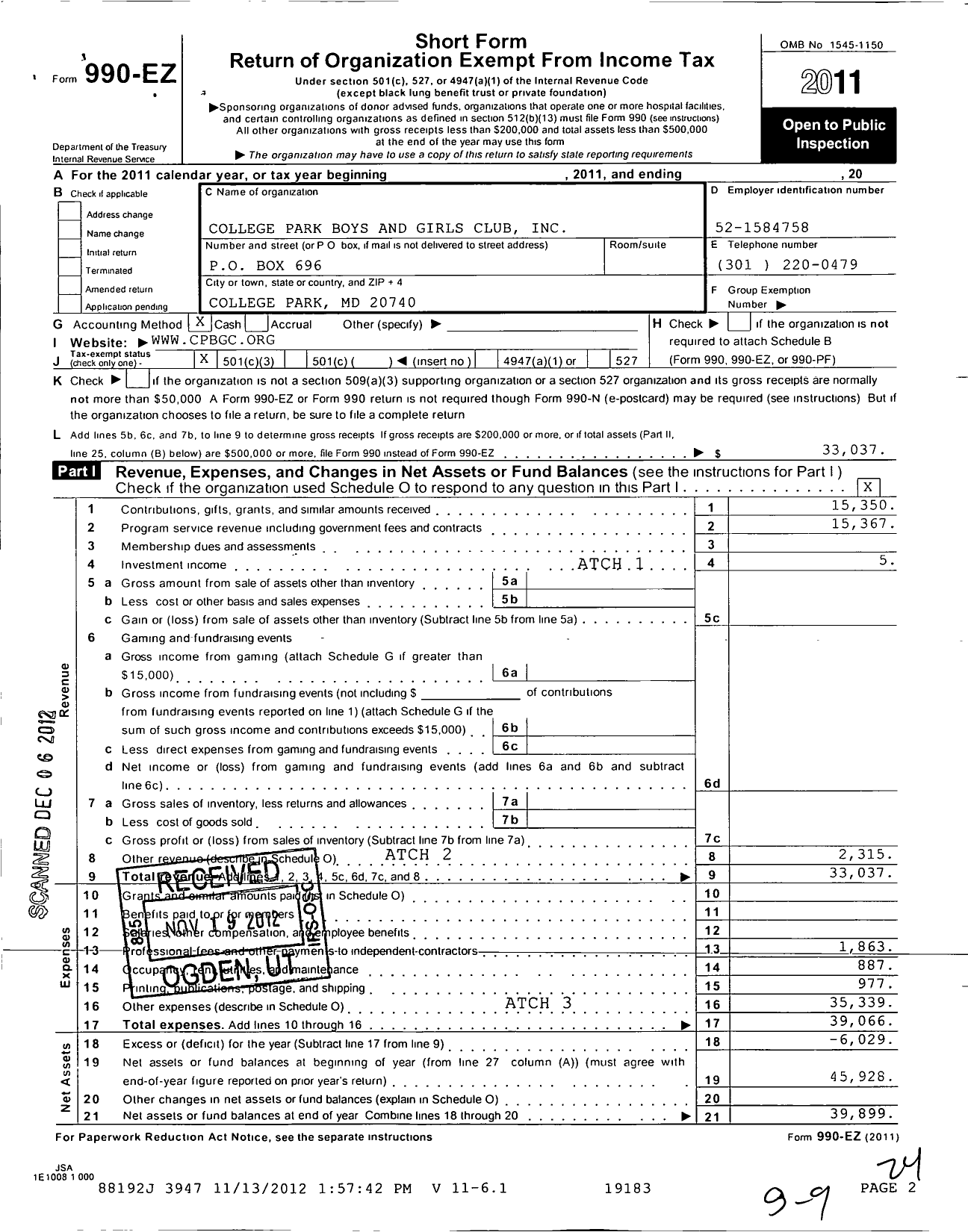 Image of first page of 2011 Form 990EZ for College Park Boys & Girls Club