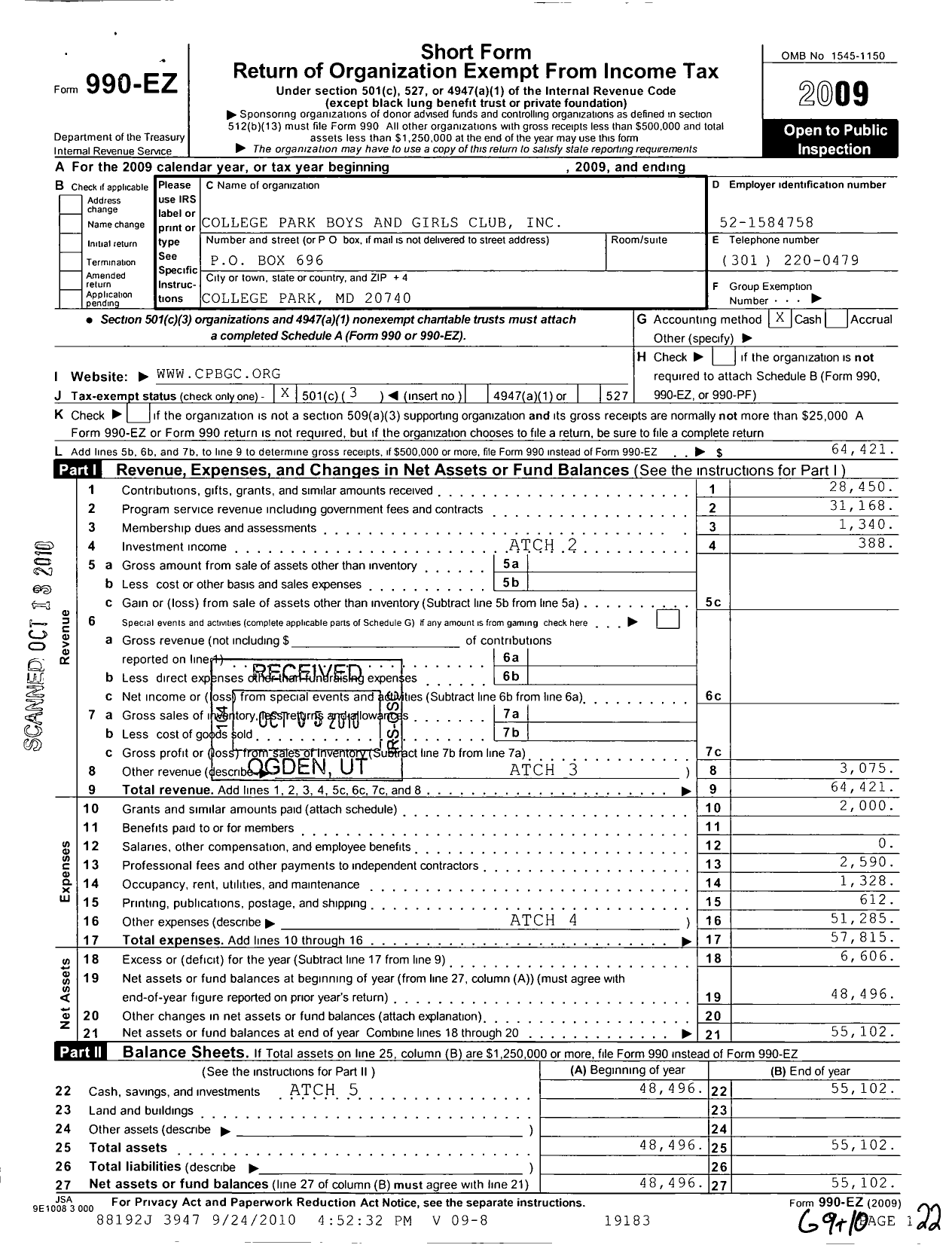 Image of first page of 2009 Form 990EZ for College Park Boys & Girls Club