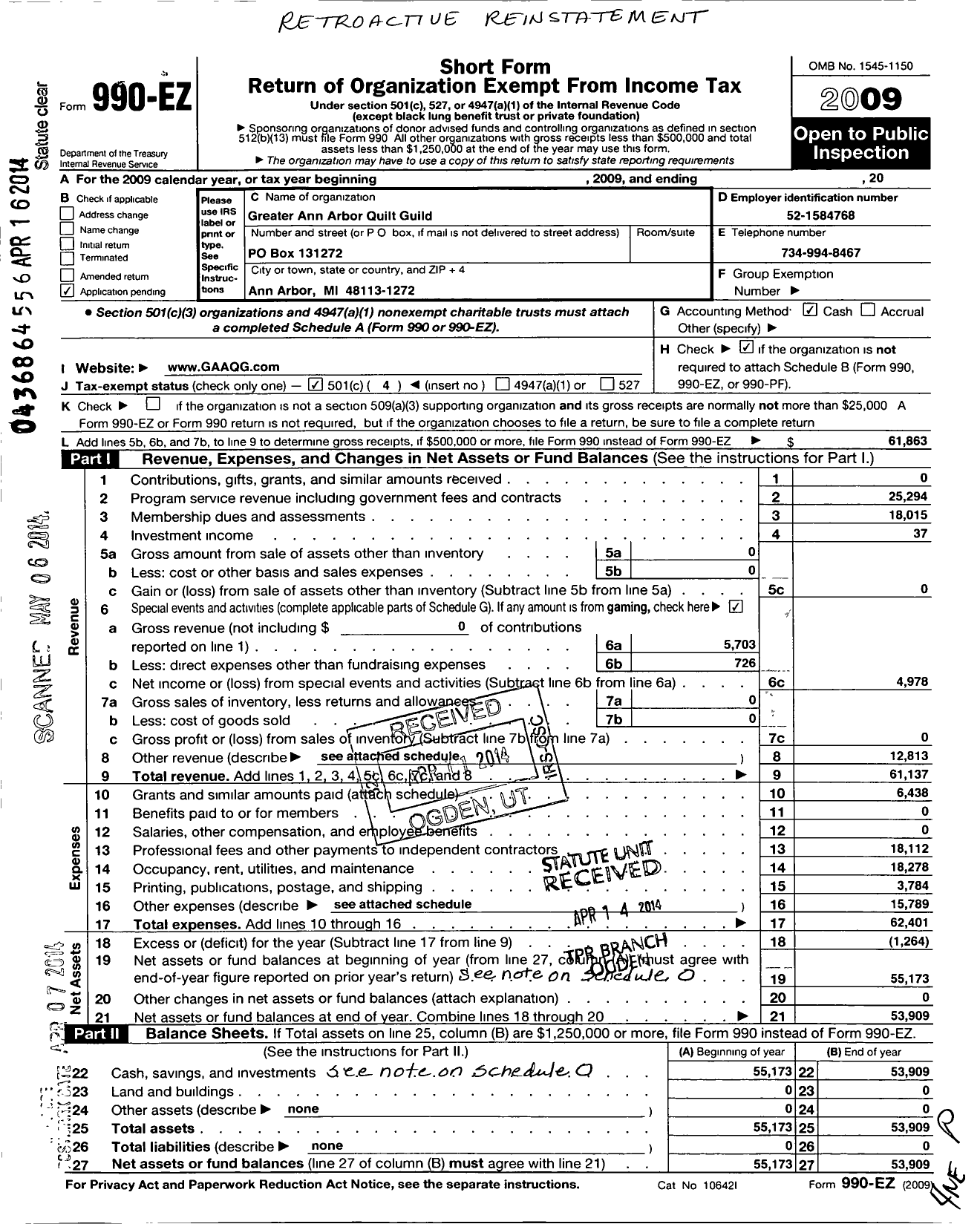 Image of first page of 2009 Form 990EO for Greater Ann Arbor Quilt Guild