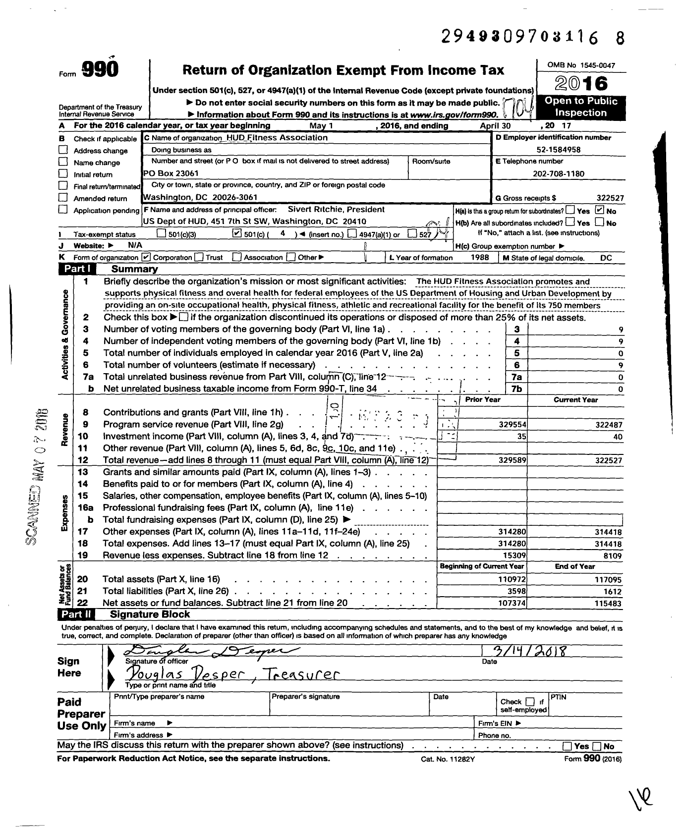 Image of first page of 2016 Form 990O for Hud Fitness Association
