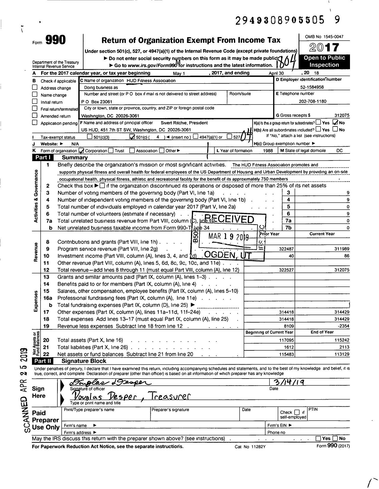 Image of first page of 2017 Form 990O for Hud Fitness Association