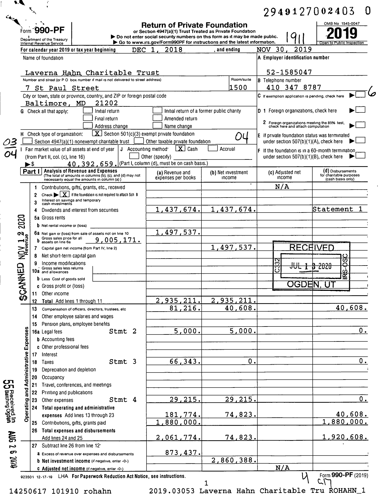 Image of first page of 2018 Form 990PF for Laverna Hahn Charitable Trust