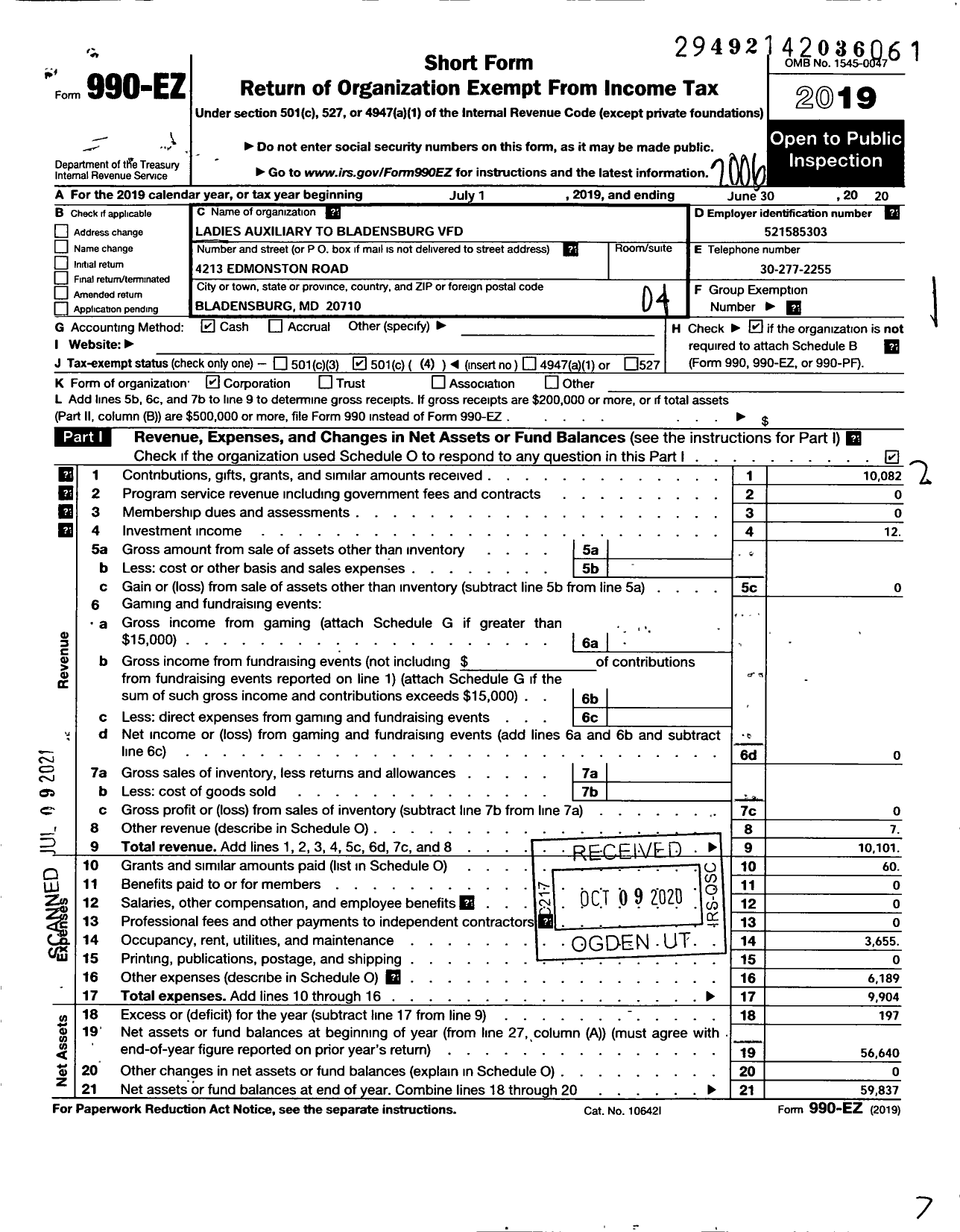 Image of first page of 2019 Form 990EO for Ladies Auxiliary To the Bladensburg Volunteer Fire Department