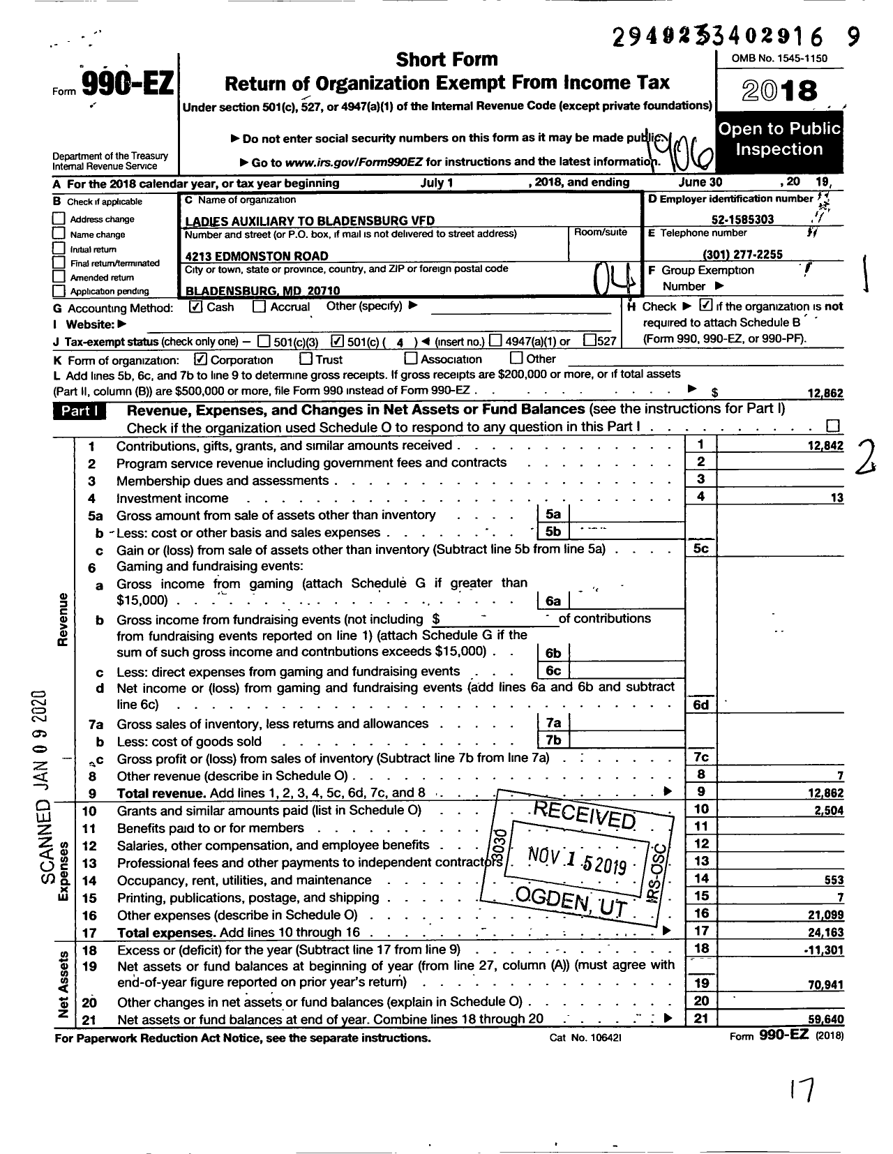 Image of first page of 2018 Form 990EO for Ladies Auxiliary To the Bladensburg Volunteer Fire Department