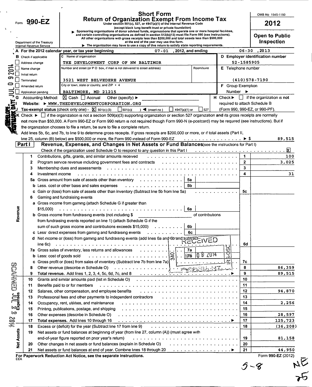 Image of first page of 2012 Form 990EZ for The Development Corporation of Northwest Baltimore