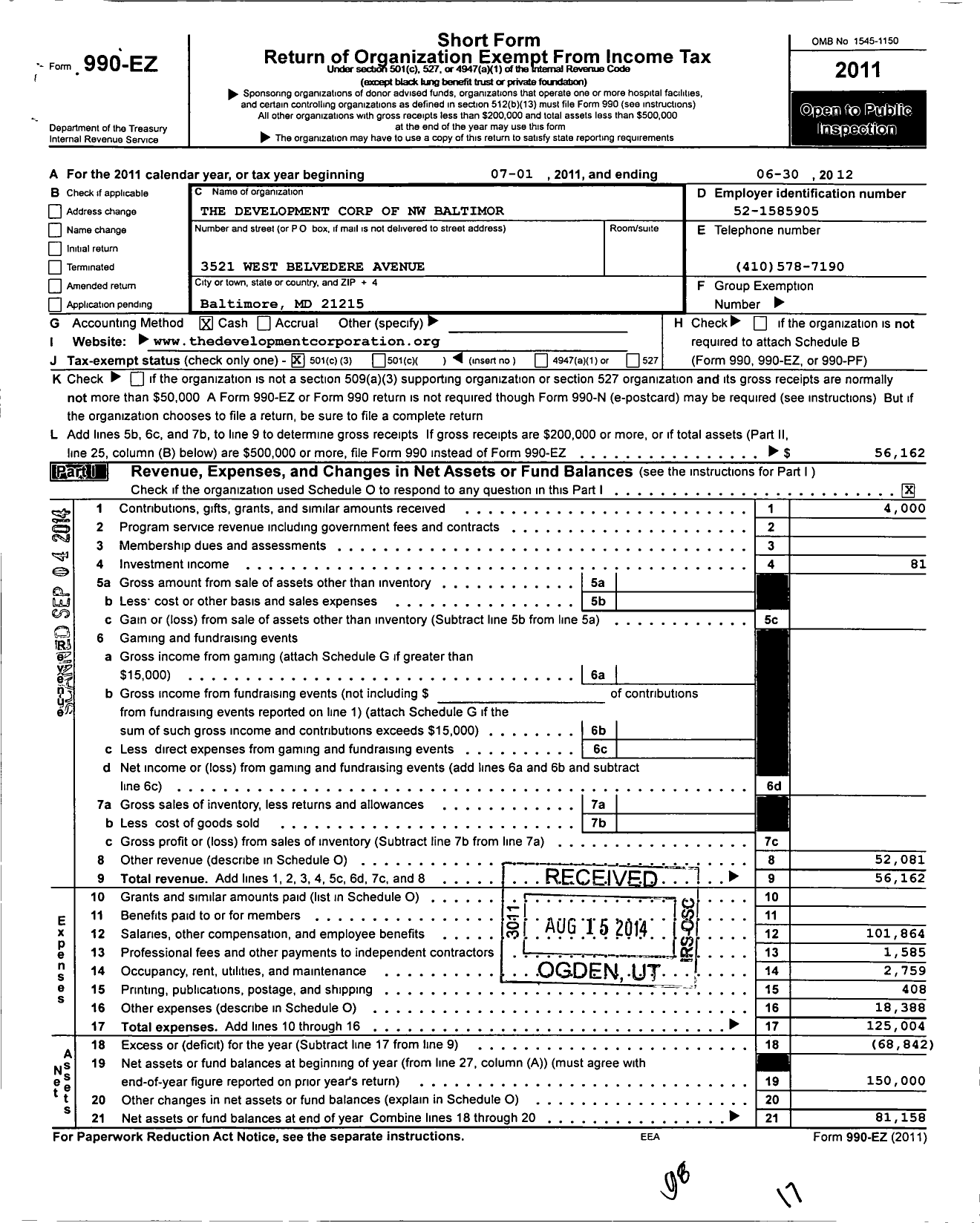 Image of first page of 2011 Form 990EZ for The Development Corporation of Northwest Baltimore