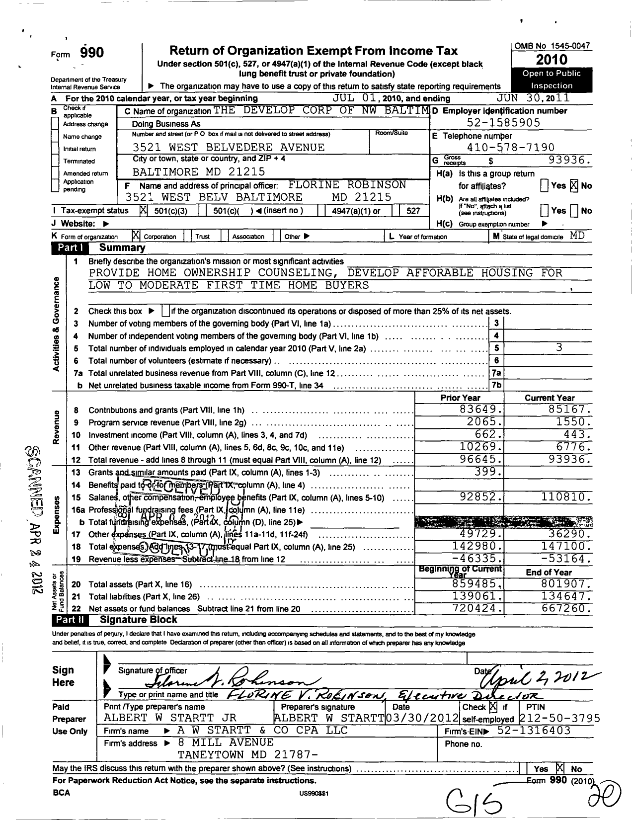 Image of first page of 2010 Form 990 for The Development Corporation of Northwest Baltimore