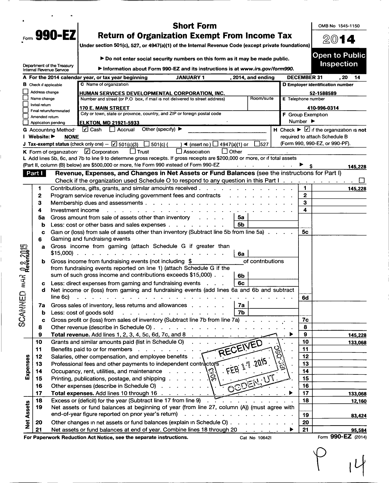 Image of first page of 2014 Form 990EZ for Human Services Developmental Corporation