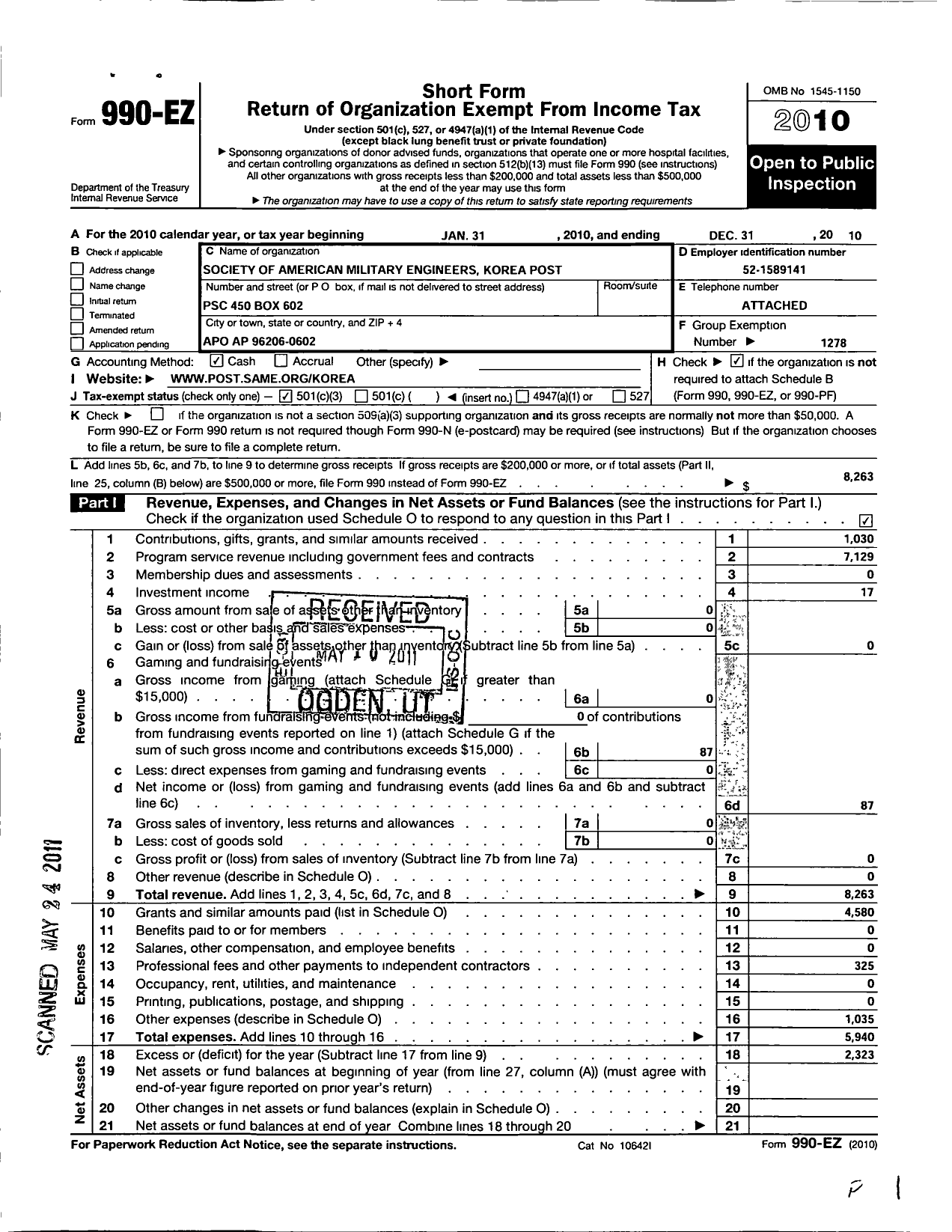 Image of first page of 2010 Form 990EZ for Society of American Military Engineers / S A M E Korea Post