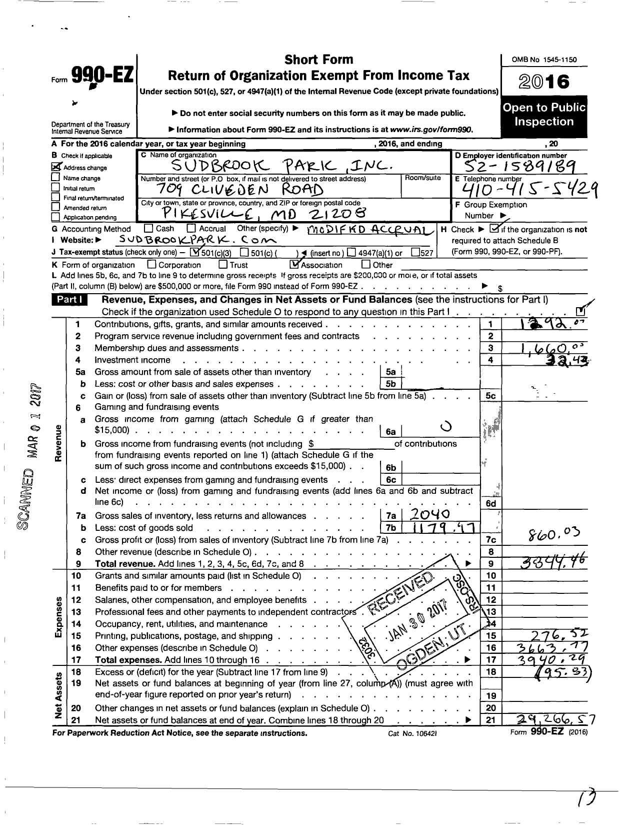 Image of first page of 2016 Form 990EZ for Sudbrook Park