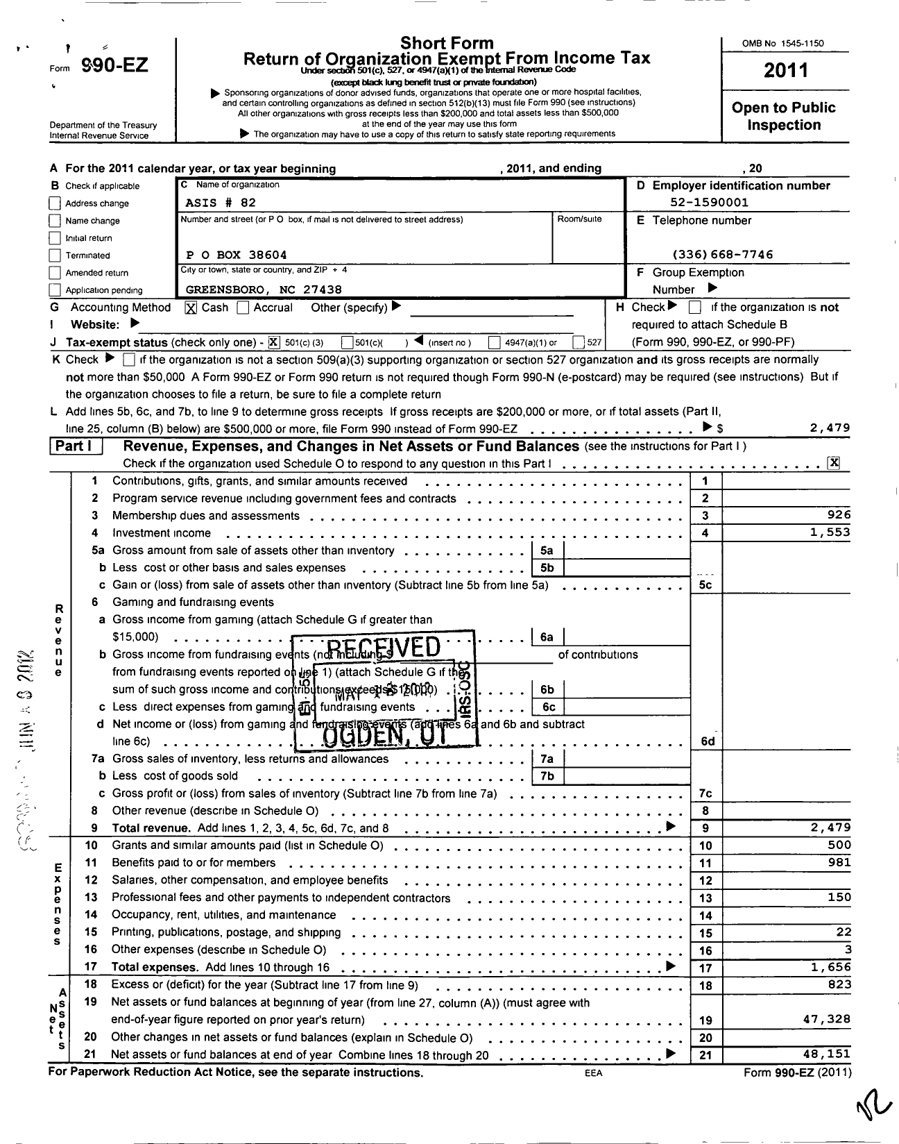 Image of first page of 2011 Form 990EZ for Asis International - 82 North Carolina Piedmont Chapter