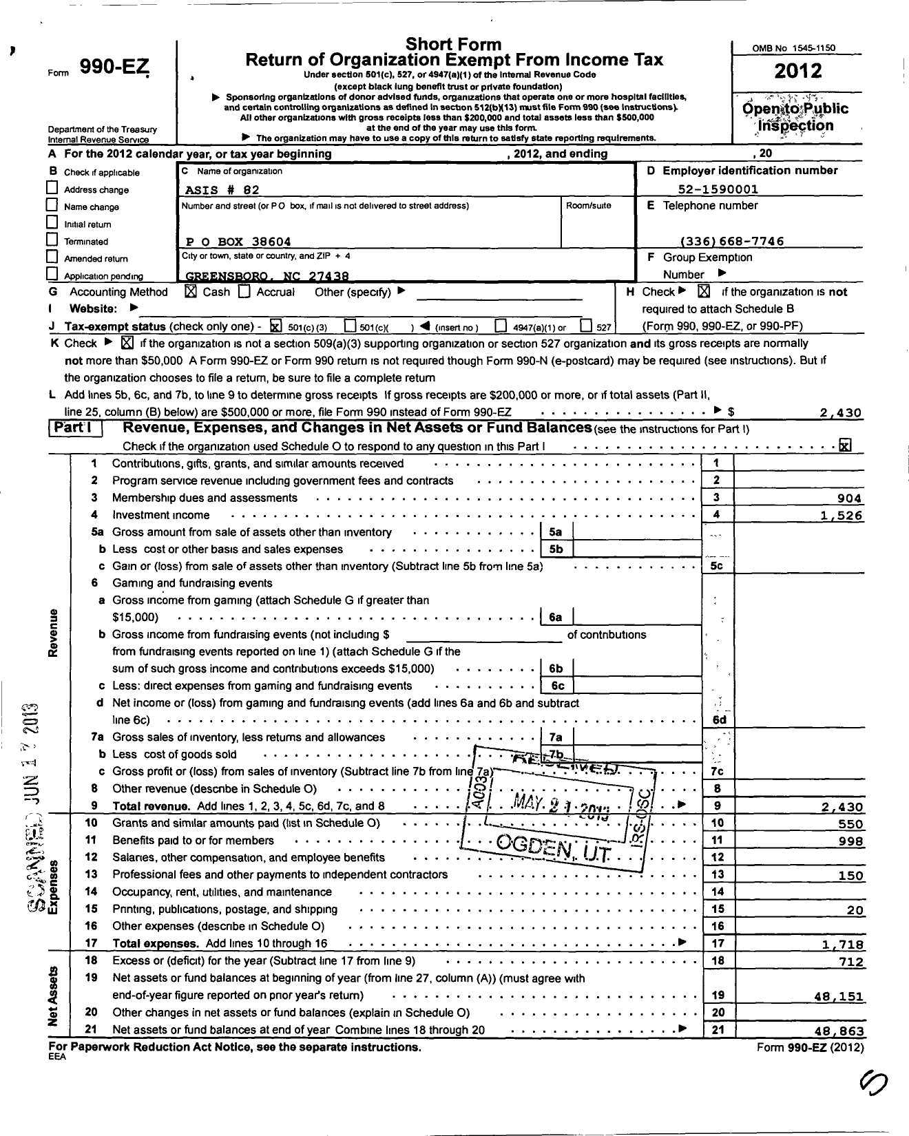 Image of first page of 2012 Form 990EZ for Asis International - 82 North Carolina Piedmont Chapter