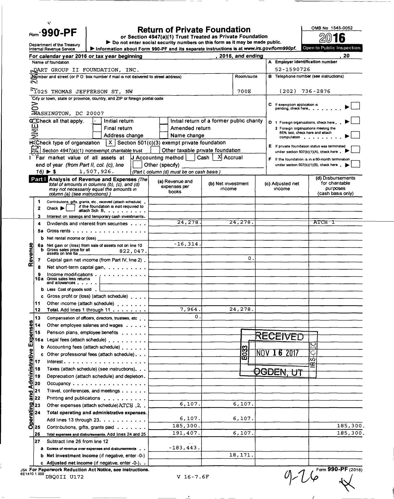 Image of first page of 2016 Form 990PF for Dart Group Ii Foundation