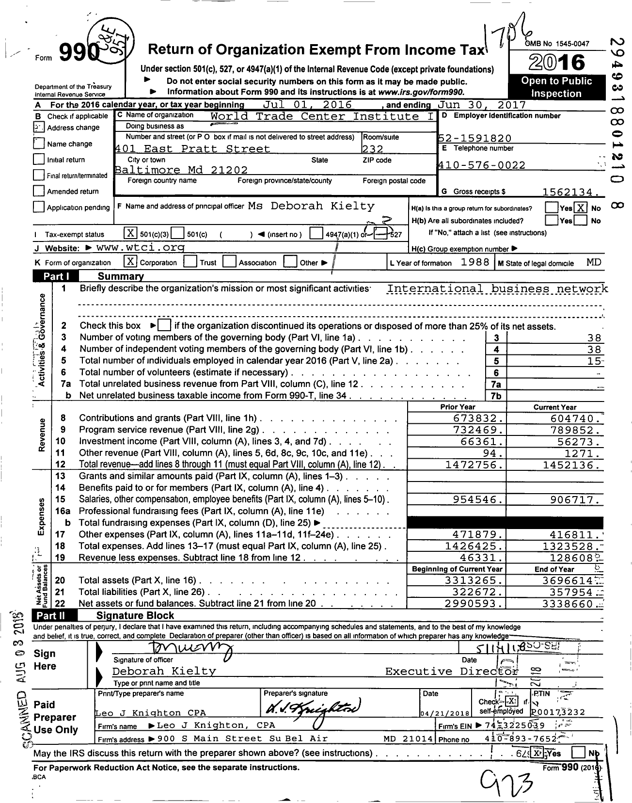 Image of first page of 2016 Form 990 for World Trade Center Institute (WTCI)
