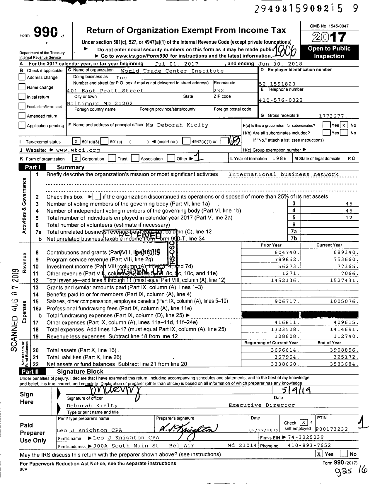 Image of first page of 2017 Form 990 for World Trade Center Institute (WTCI)