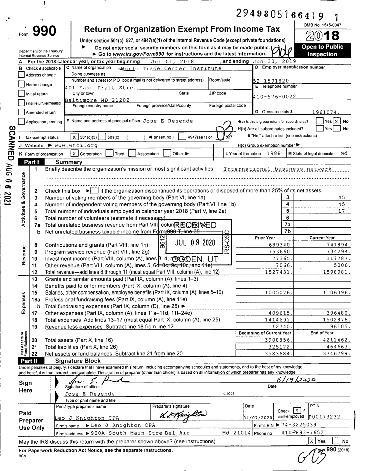 Image of first page of 2018 Form 990 for World Trade Center Institute (WTCI)