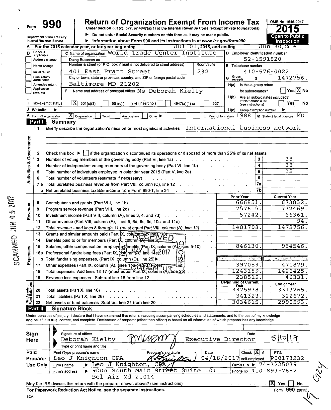 Image of first page of 2015 Form 990 for World Trade Center Institute (WTCI)