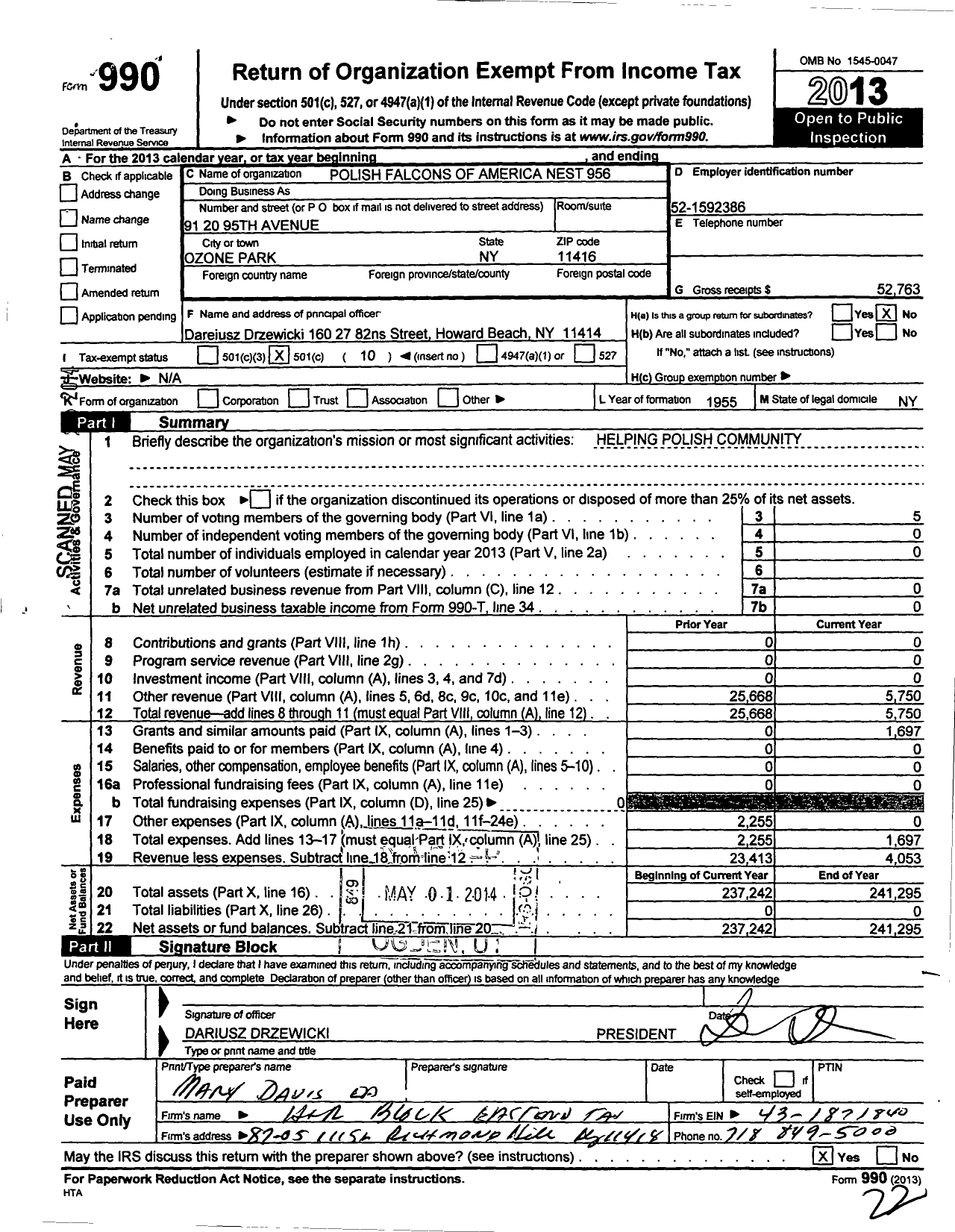 Image of first page of 2013 Form 990O for Polish Falcons of America - 956