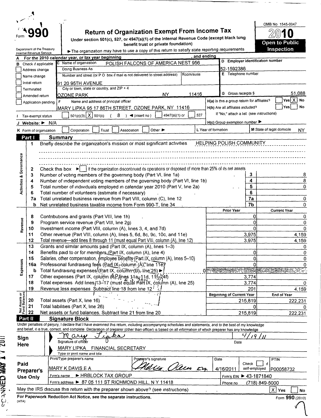 Image of first page of 2010 Form 990O for Polish Falcons of America - 956